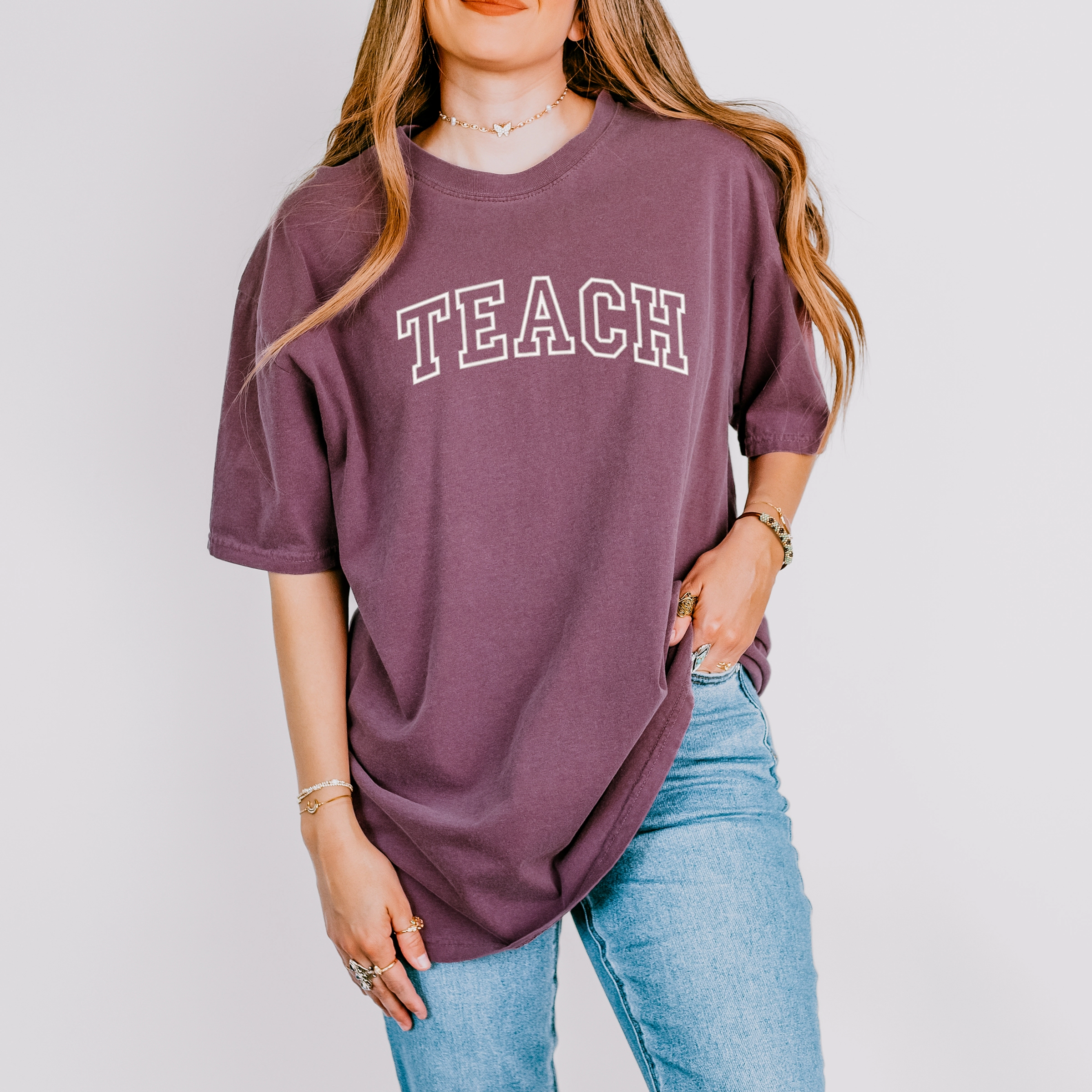 Simply Sage Market - Embroidered Teach Women's Garment Dyed Graphic T-Shirt