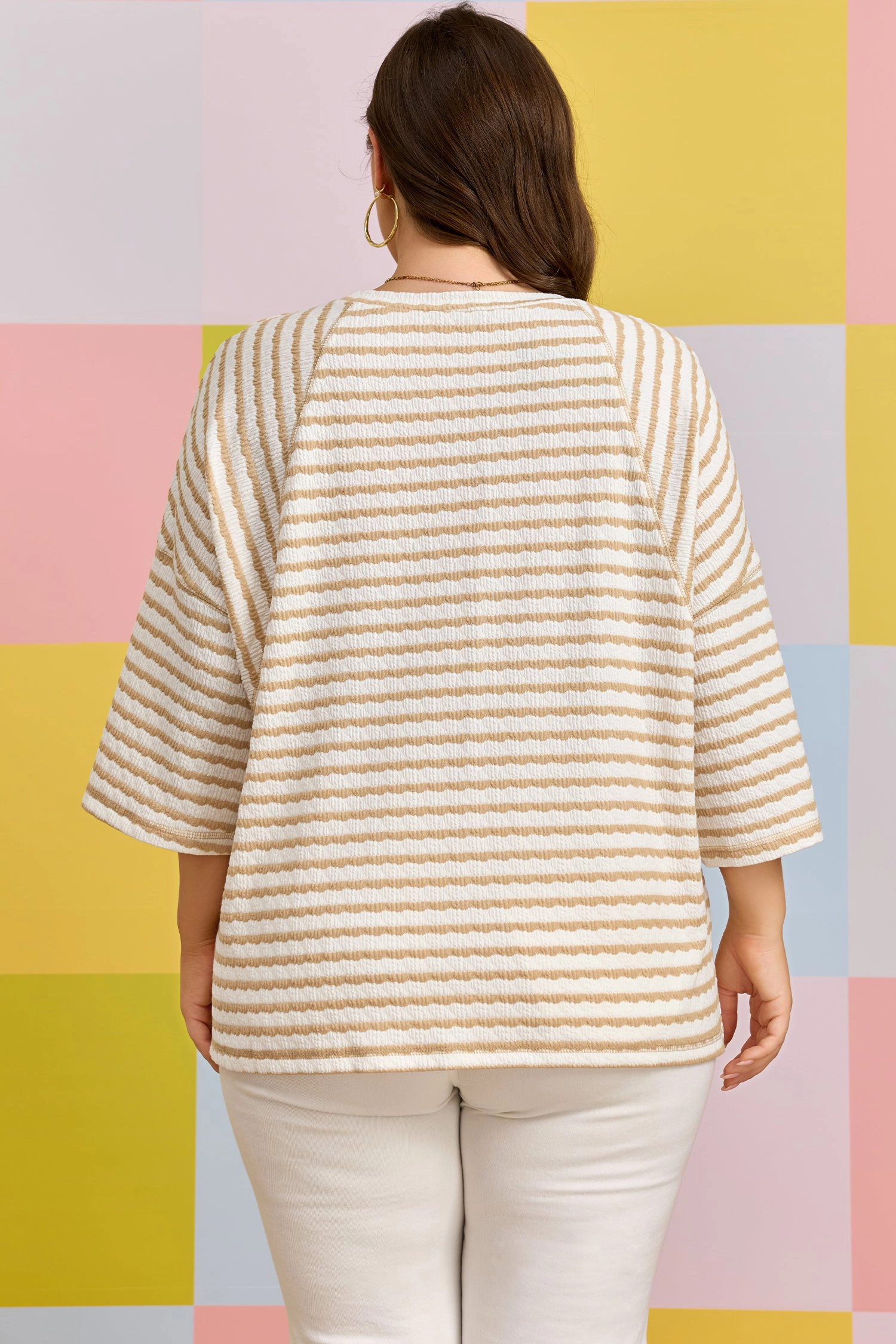 Threaded Pear Womens Liv Detail Half Sleeve PLUS Top - Apricot Stripe