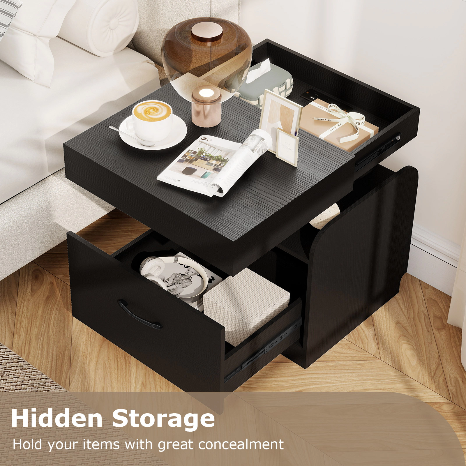 Glintex Nightstand with Push-to-Open Sliding Top Charging Station and Hidden Tray
