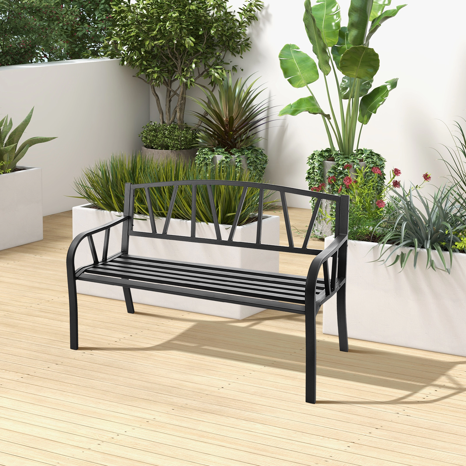 SUGIFT 50-Inch Black Metal Outdoor Patio Bench, Slatted Seat, Curved Arms