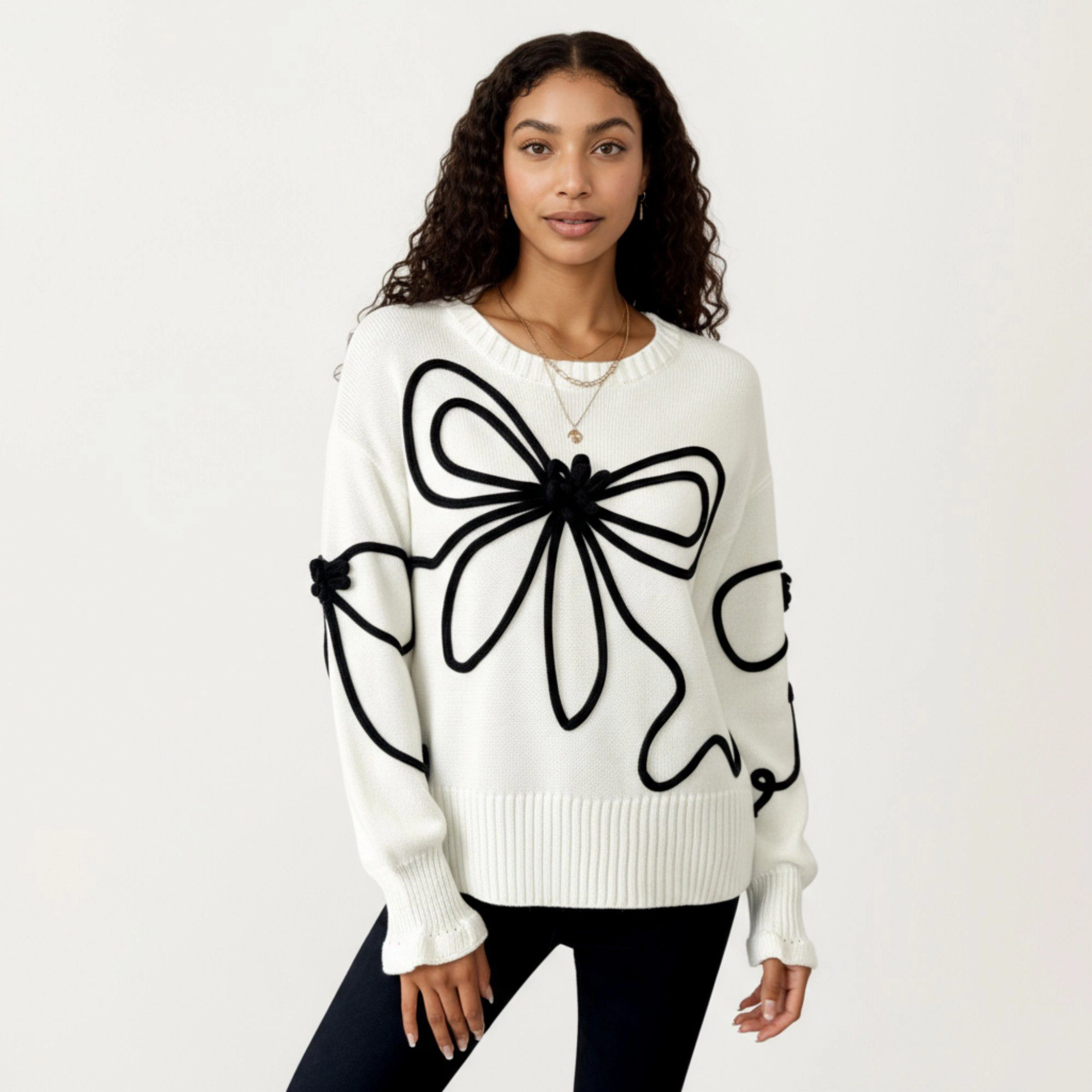 Anna-Kaci Women's Oversized Bow Embroidery Ribbed Trim Long Sleeve Knit Sweater