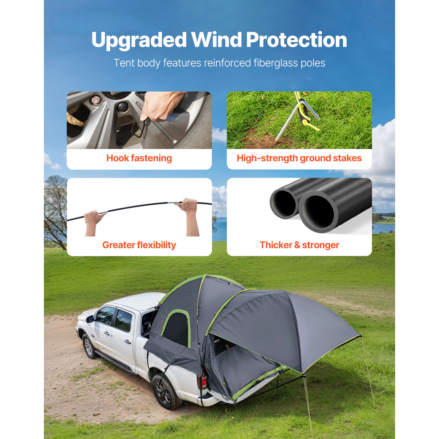 HONGGE Pickup Truck Tent for 5.0-5.2 ft Beds, Waterproof PU2000 Tent for 2-3 Person with Awning, Rainfly & Storage Bag