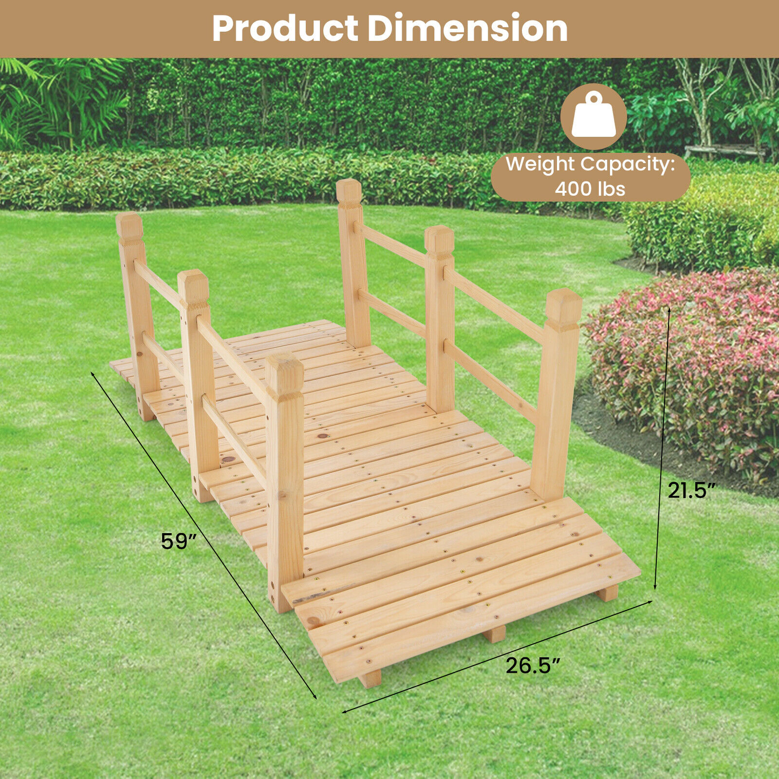 SUGIFT 5-Ft Fir Wood Garden Bridge with Safety Rails 400-lb Capacity Natural Wood/Stained Wood