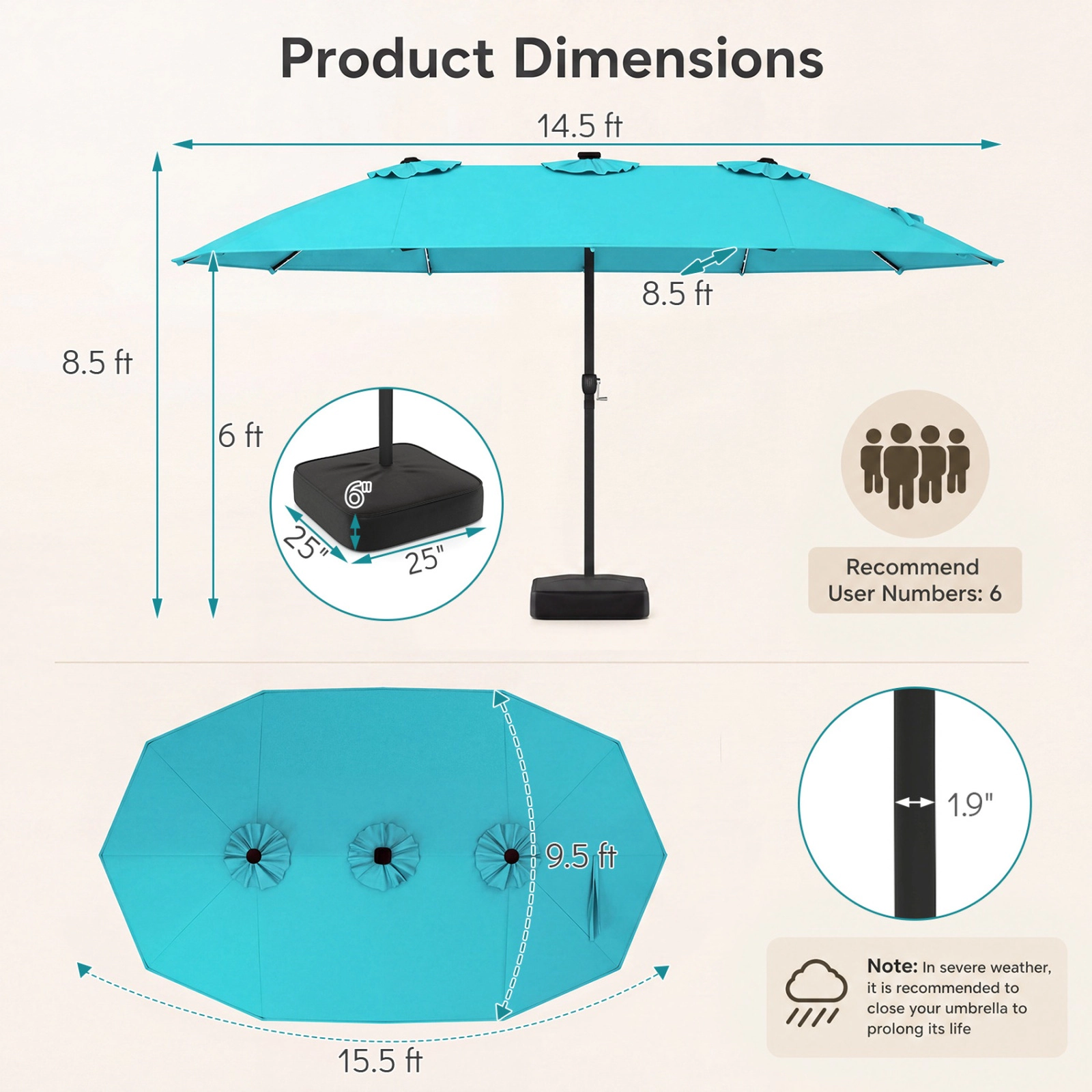 SUGIFT Extra-Large 15.5-ft Patio Umbrella with LED Lights and Base 12 Reinforced Ribs Turquoise
