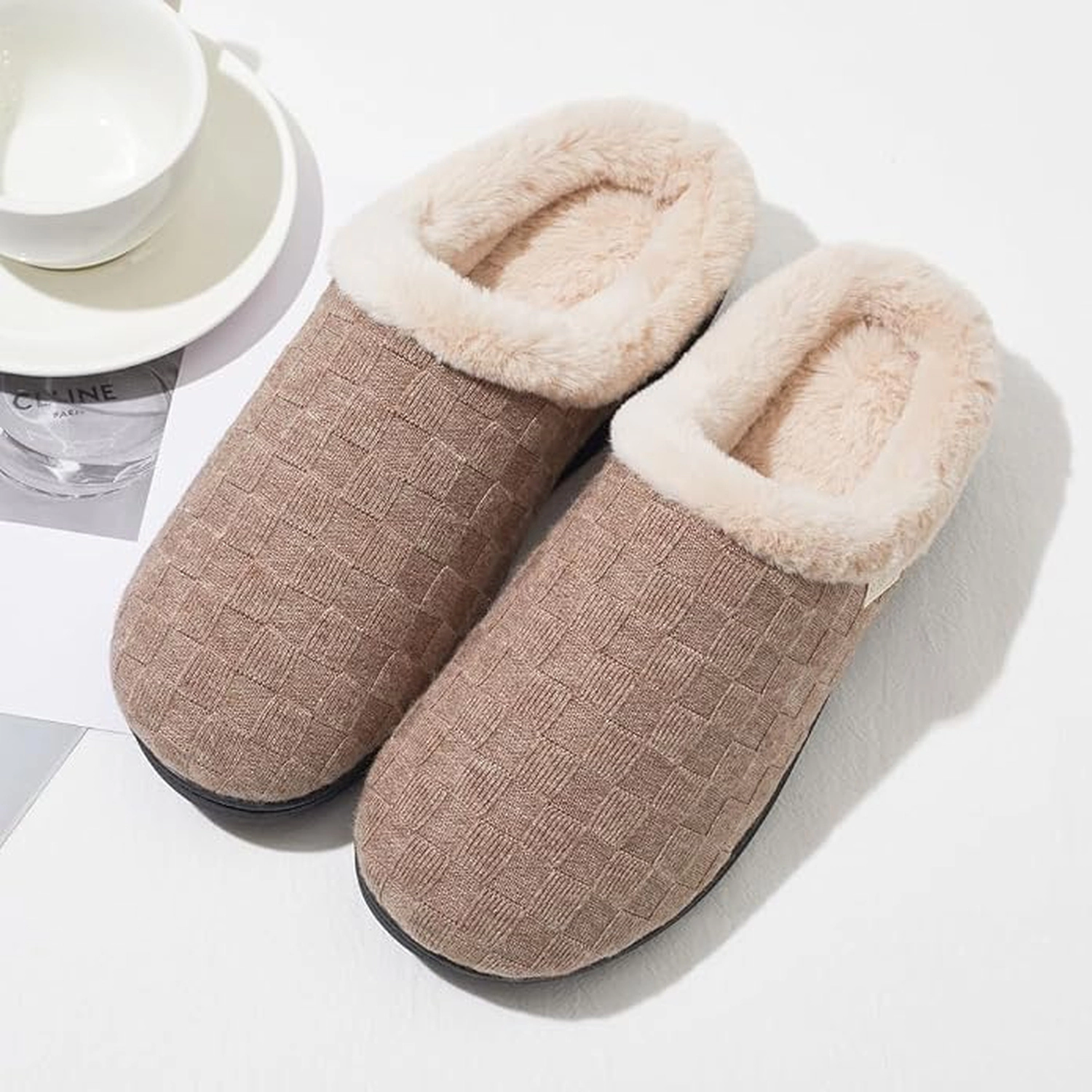 Women’s Woven Knit Fleece Clog Slippers, Cozy Plush Faux Fur Lined Memory Foam House Shoes