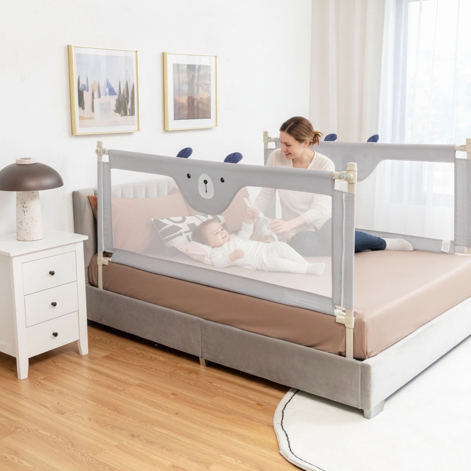 Vertical Lifting Baby Bed Rail Guard with Double Lock 28.5-in to 40-in Adjustable Height Breathable Mesh Steel Gray