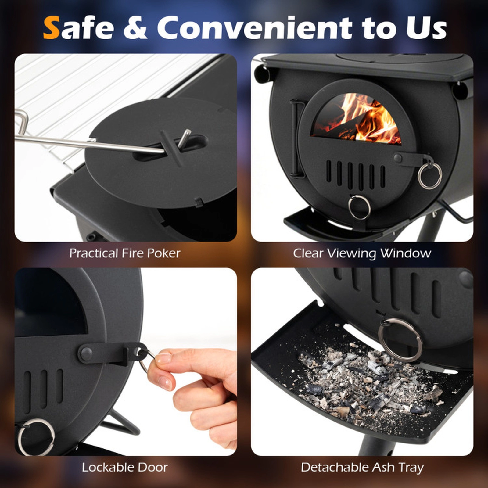 SUGIFT Foldable Wood-Burning Hot Tent Stove, Carbon Steel, 5 Chimney Pipes, Viewing Window