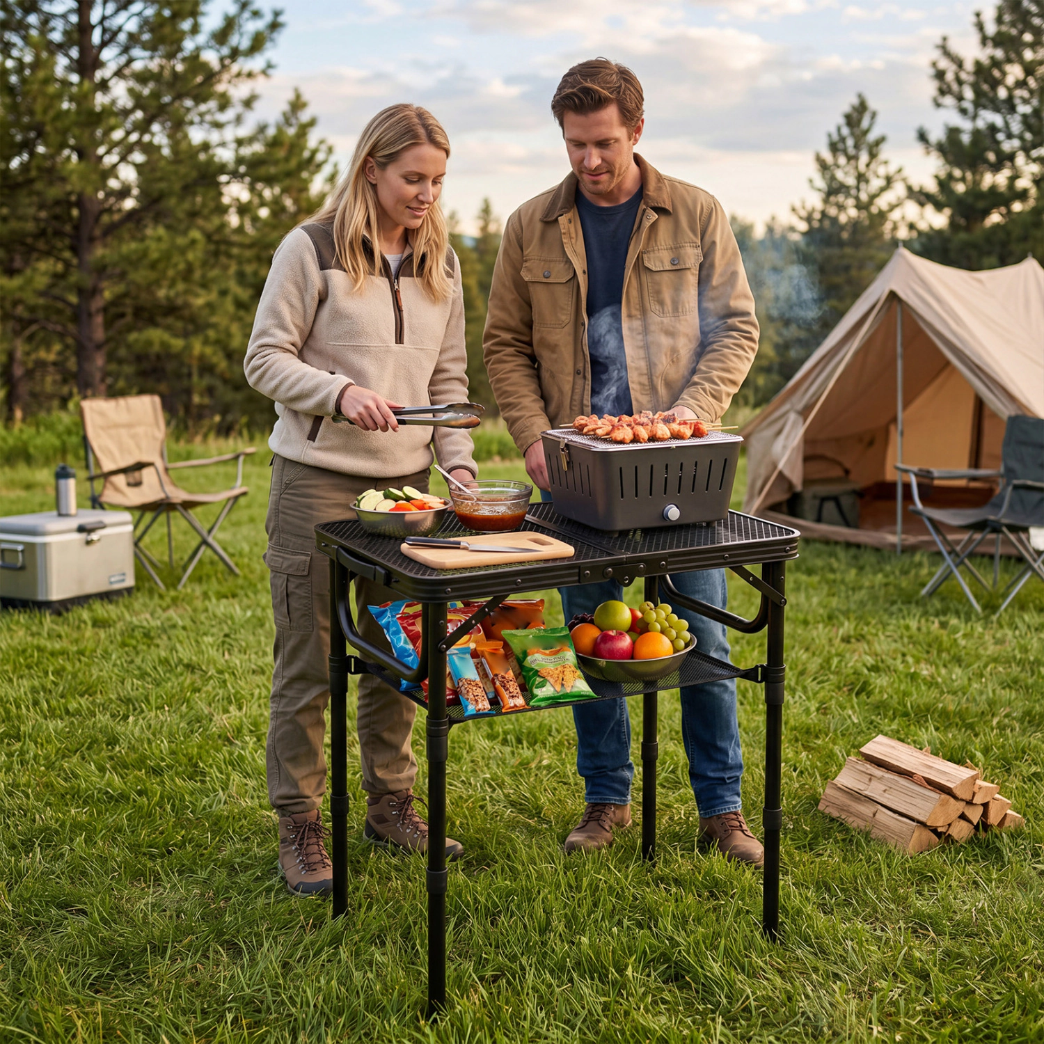 LJG 3-Height Folding Picnic Table with Large Storage Net and Handle