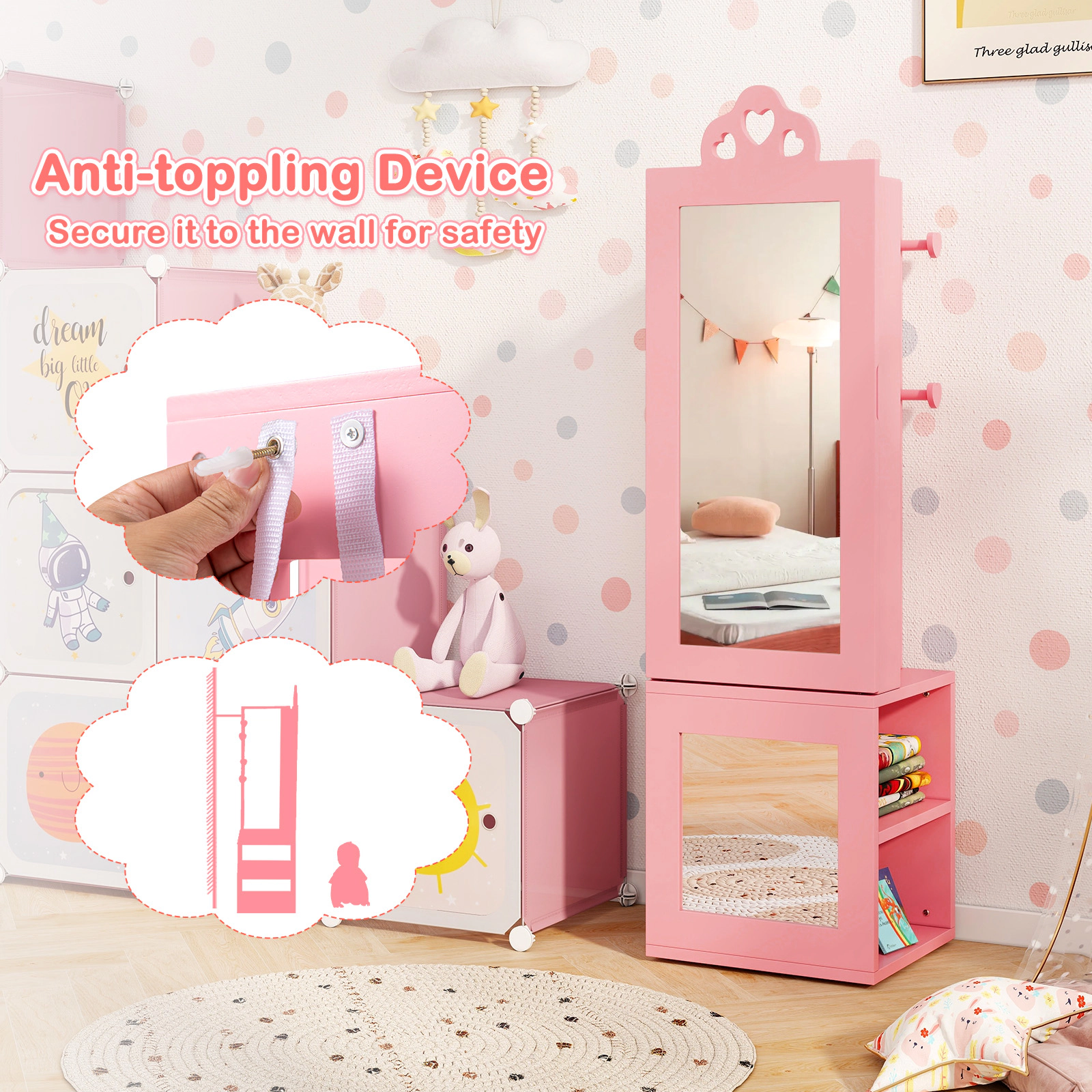 SUGIFT Kids Jewelry Cabinet and Dress-Up Organizer with Floor-Length Mirror and Back Panel Hooks