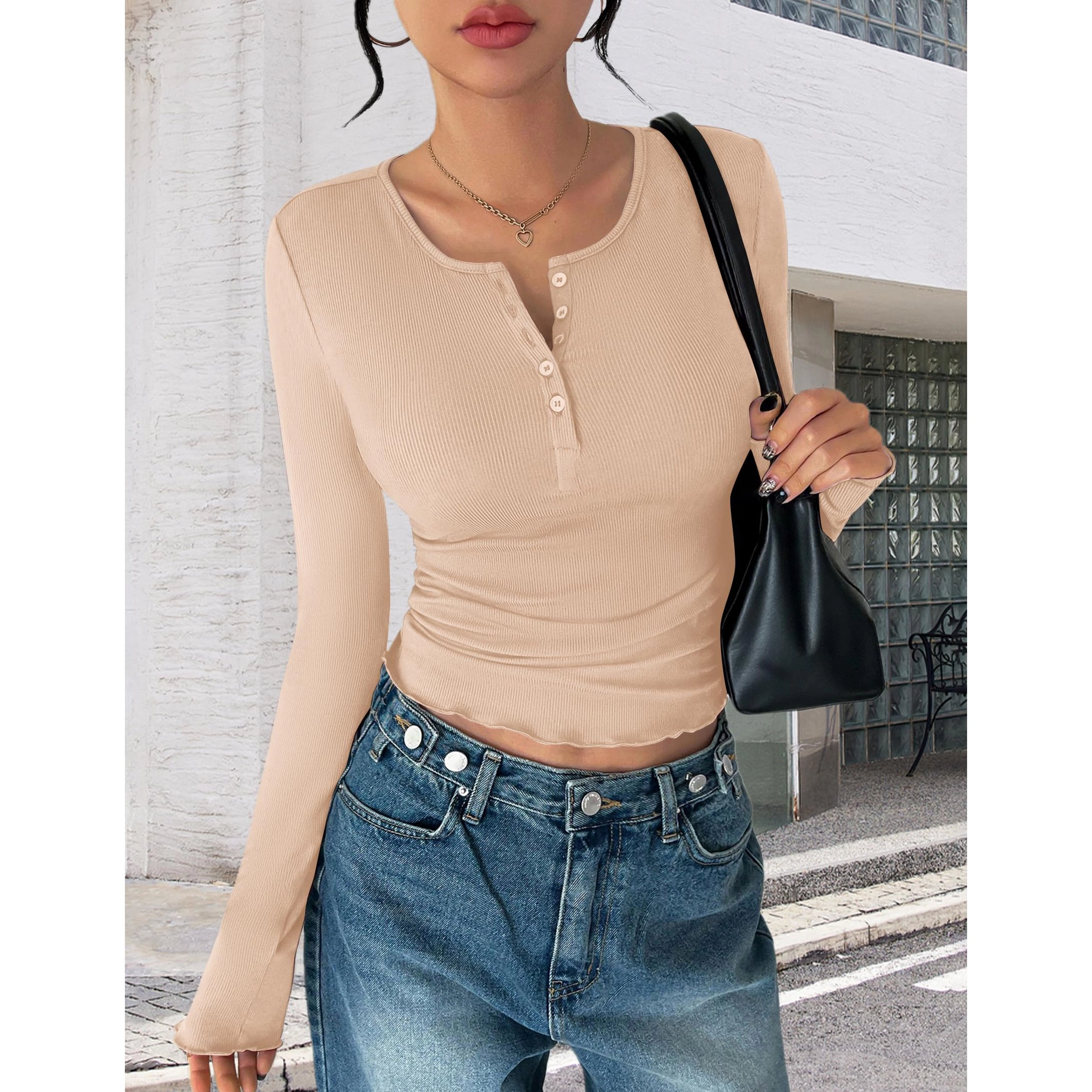 Ekouaer Women's Henley Neck Long Sleeve Ribbed Knit Slim Fit T-Shirt