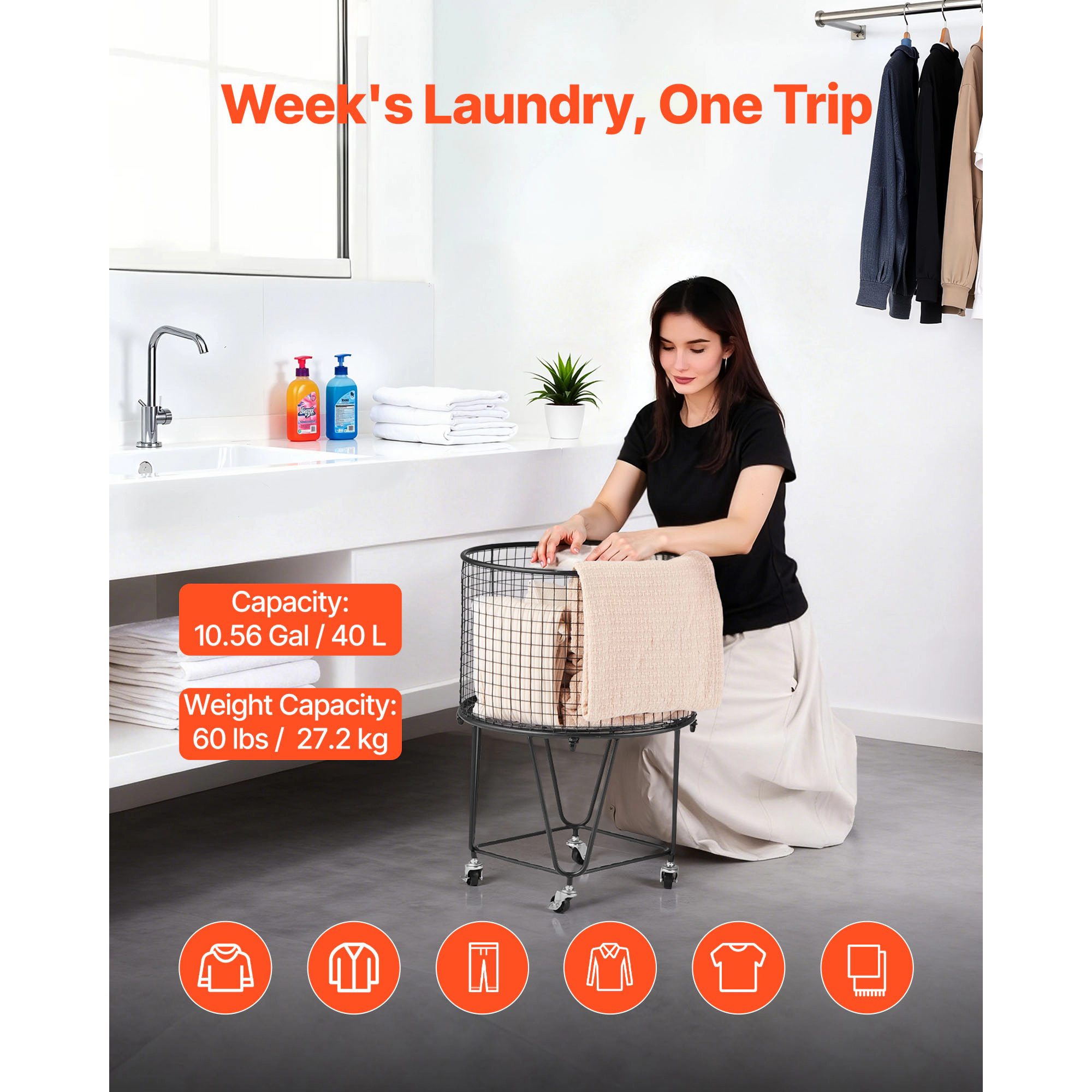 HONGGE Heavy Duty Laundry Cart with Swivel Wheels, Large Load Capacity Shopping Basket for Grocery Camping Luggage