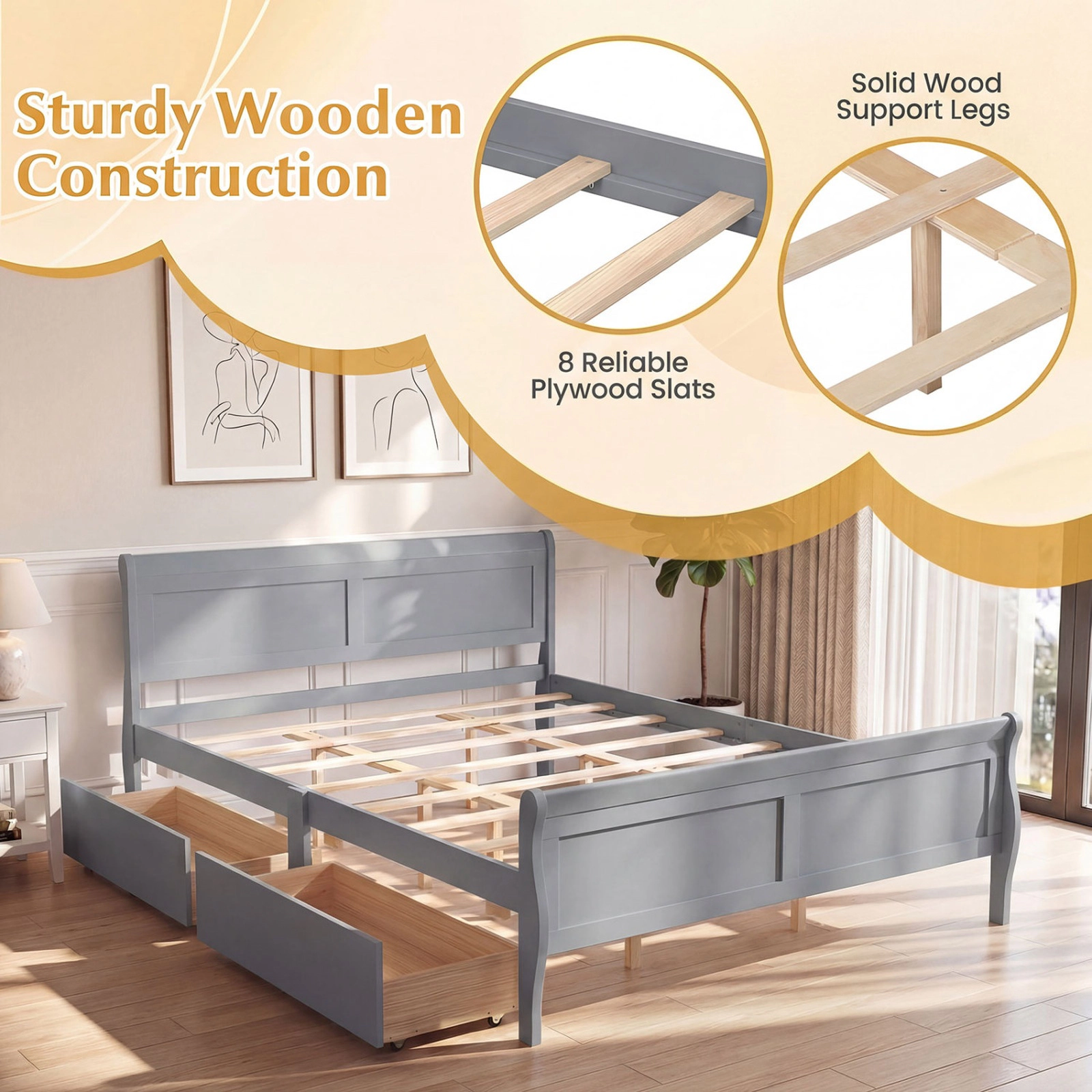 SUGIFT Queen Size Bed Frame with Modern Headboard Footboard and 2 Storage Drawers 350-Lb Capacity Gray