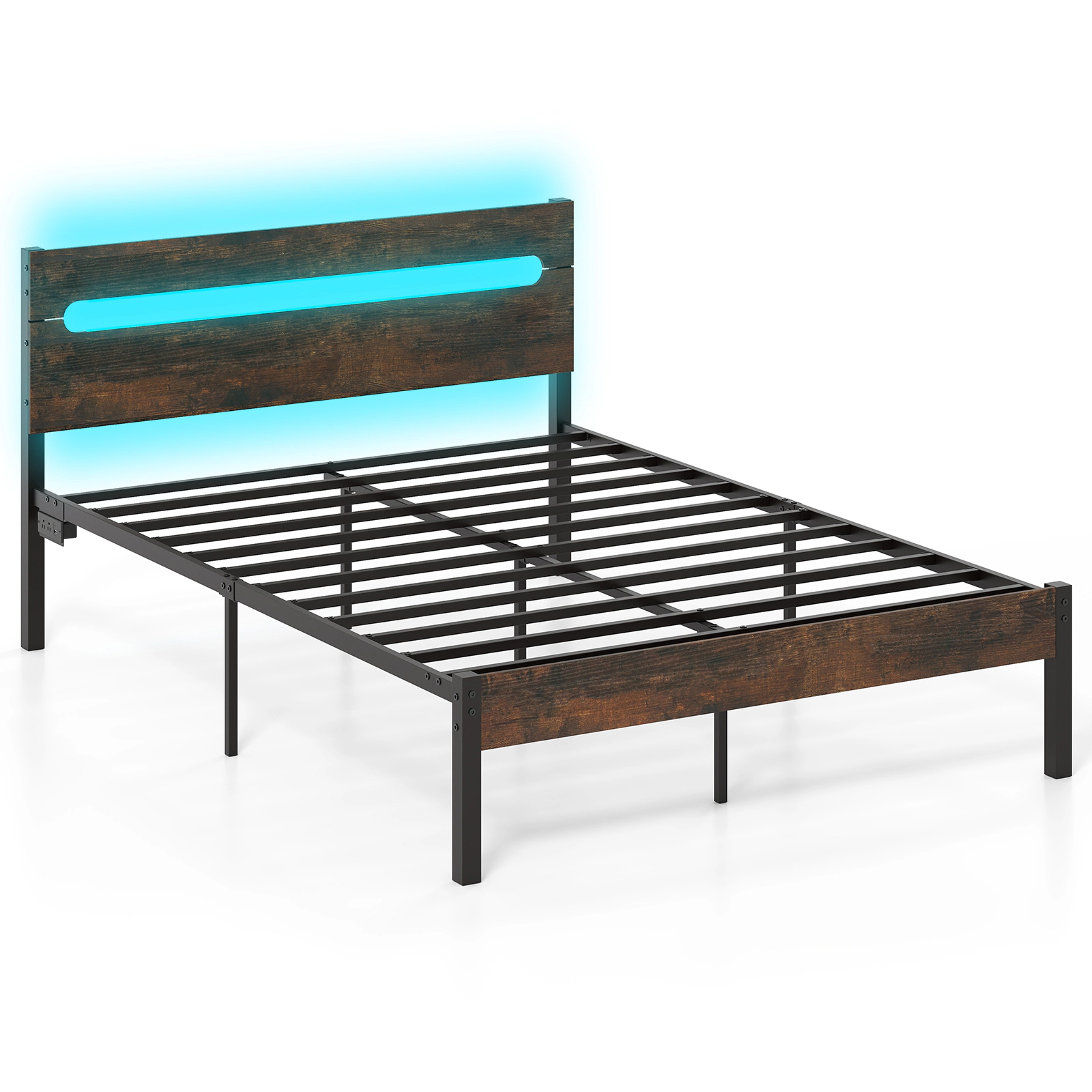 SUGIFT Metal Slats Support Bed Frame with LED Lighting & Charging Station 880-lb Capacity Rustic Brown + Black