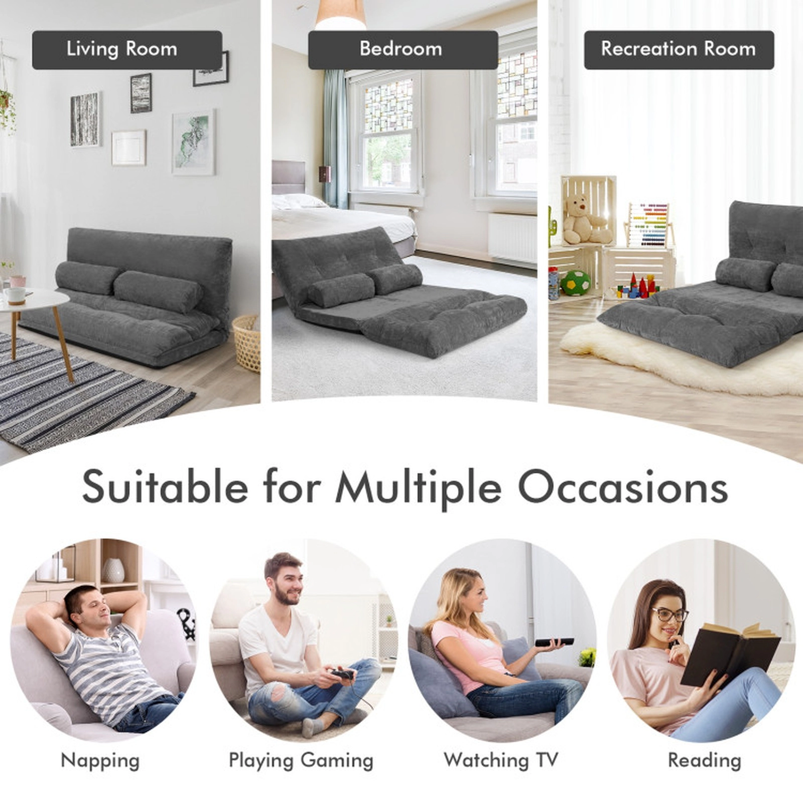 SUGIFT 6-Position 2 Pillows Corduroy Convertible Sleeper Floor Sofa Bed 71-in x 42.5-in x 7-in 330-lb Capacity Gray