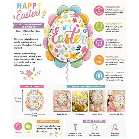 LoonBalloon 30-Inch Floral Ruffled Easter Egg Foil Balloon, Color ...