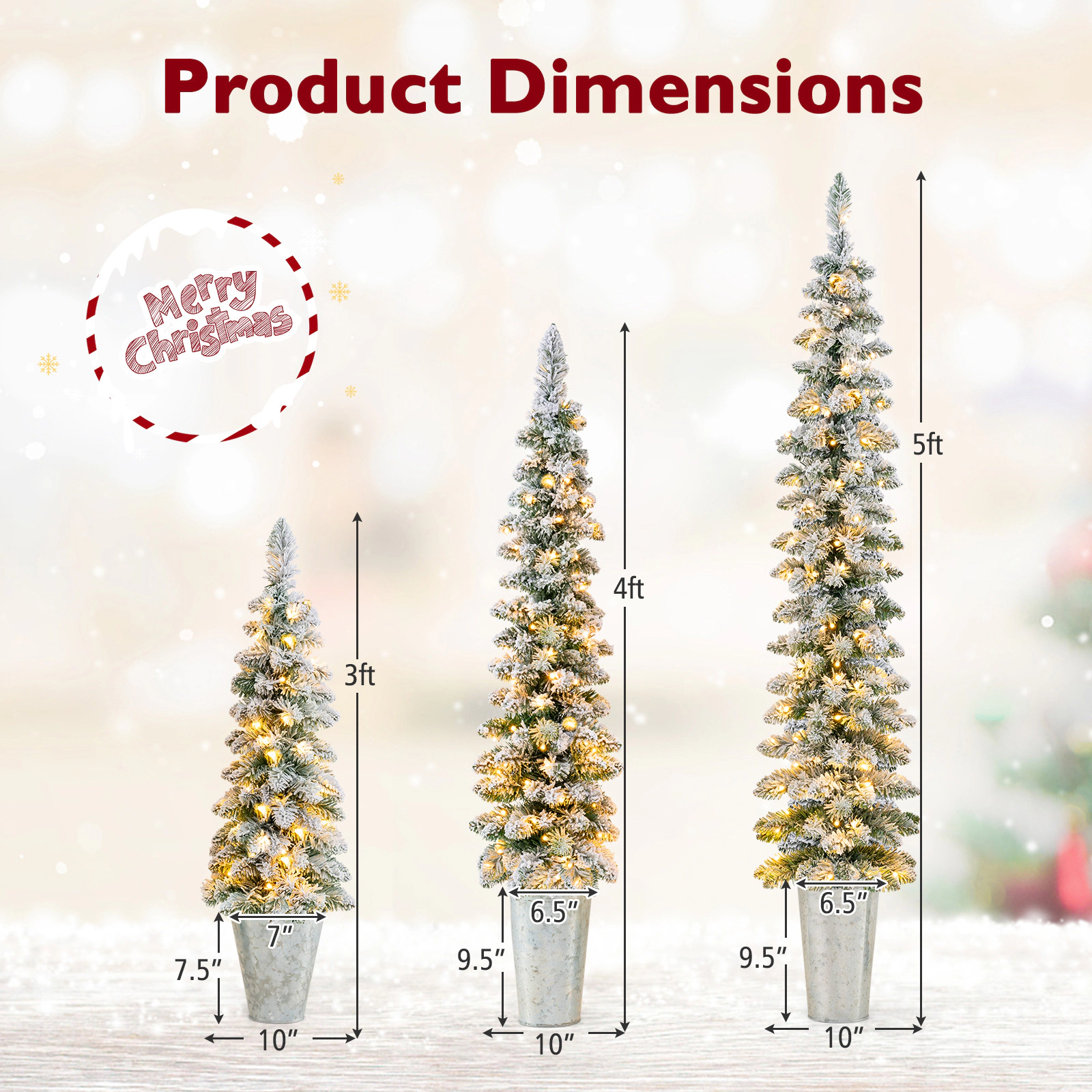 LJG Set of 3 Pre-Lit Snow Flocked Artificial Christmas Trees Witrh 423 Branch Tips