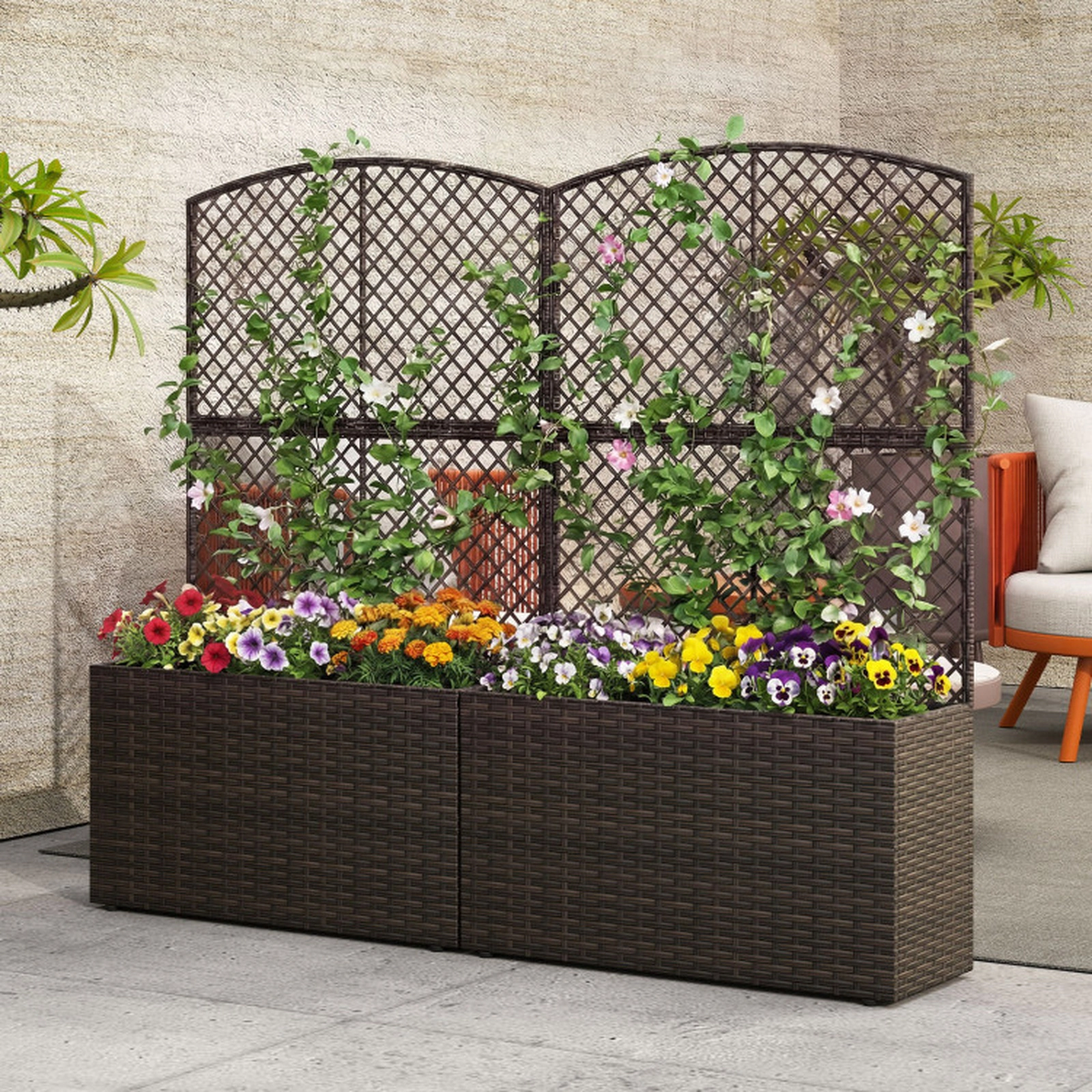 SUGIFT Set of 2 Brown Wicker Raised Garden Beds with Trellis 29-in W 11-in D 49-in H 130-lb Planter Capacity