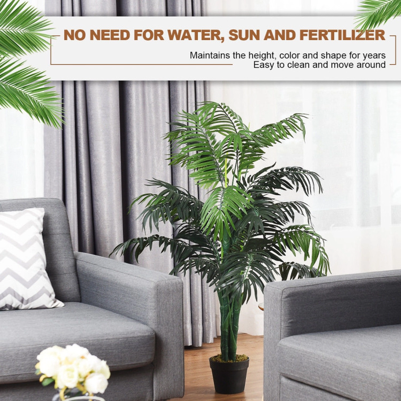 SUGIFT 3.5-Ft Artificial Areca Palm Palm Tree 43-in Tall with 5 Trunks 28 Leaves 6-in Pot Plastic Branches Polyester