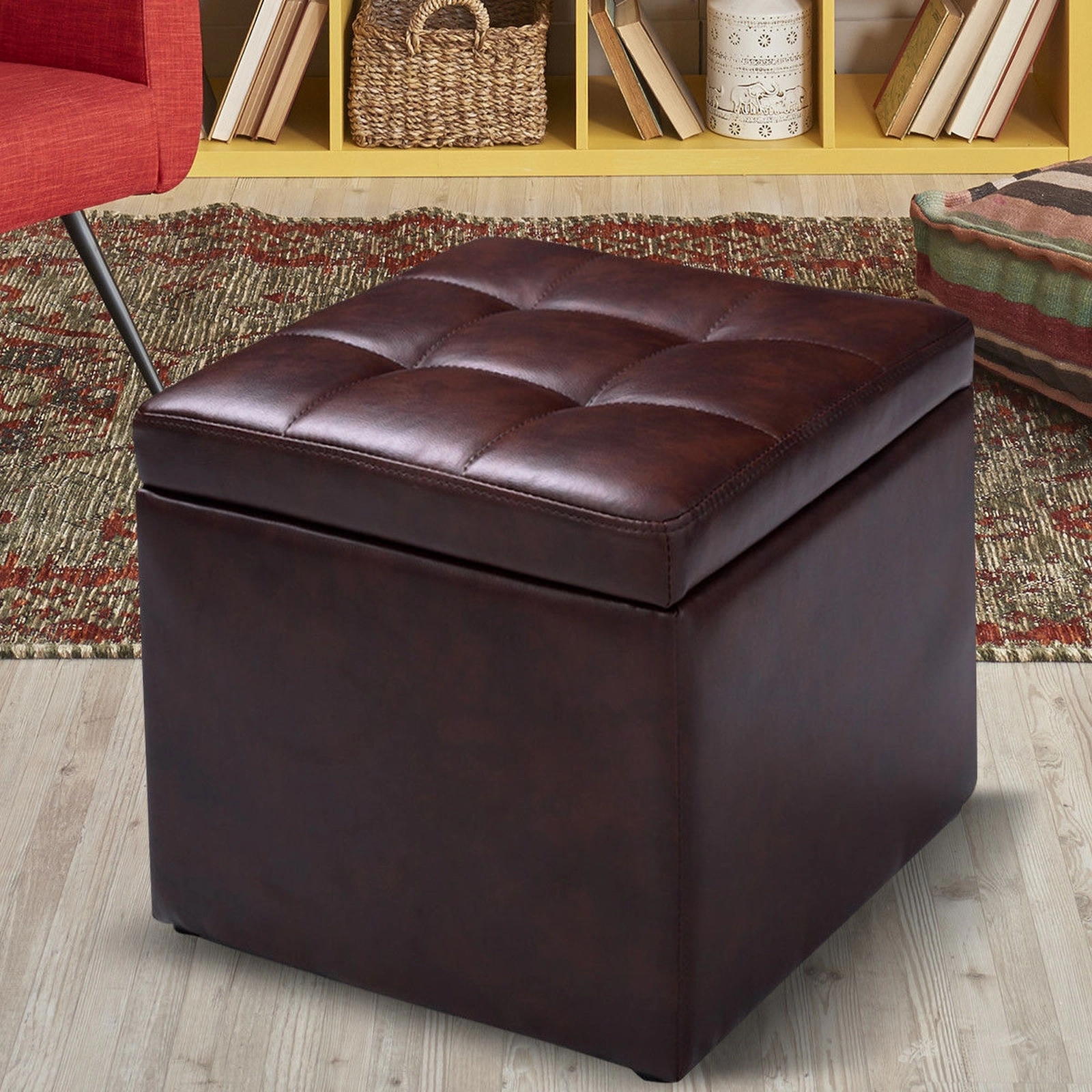 SUGIFT Brown Faux Leather Lounge Footstool Storage Box 16-in Cube Ottoman Pouffe