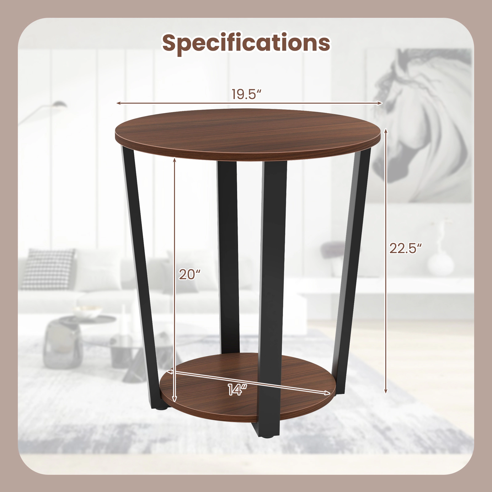 Glintex Round End Table with Open Shelf X-Braced Metal Frame and Adjustable Feet, Walnut