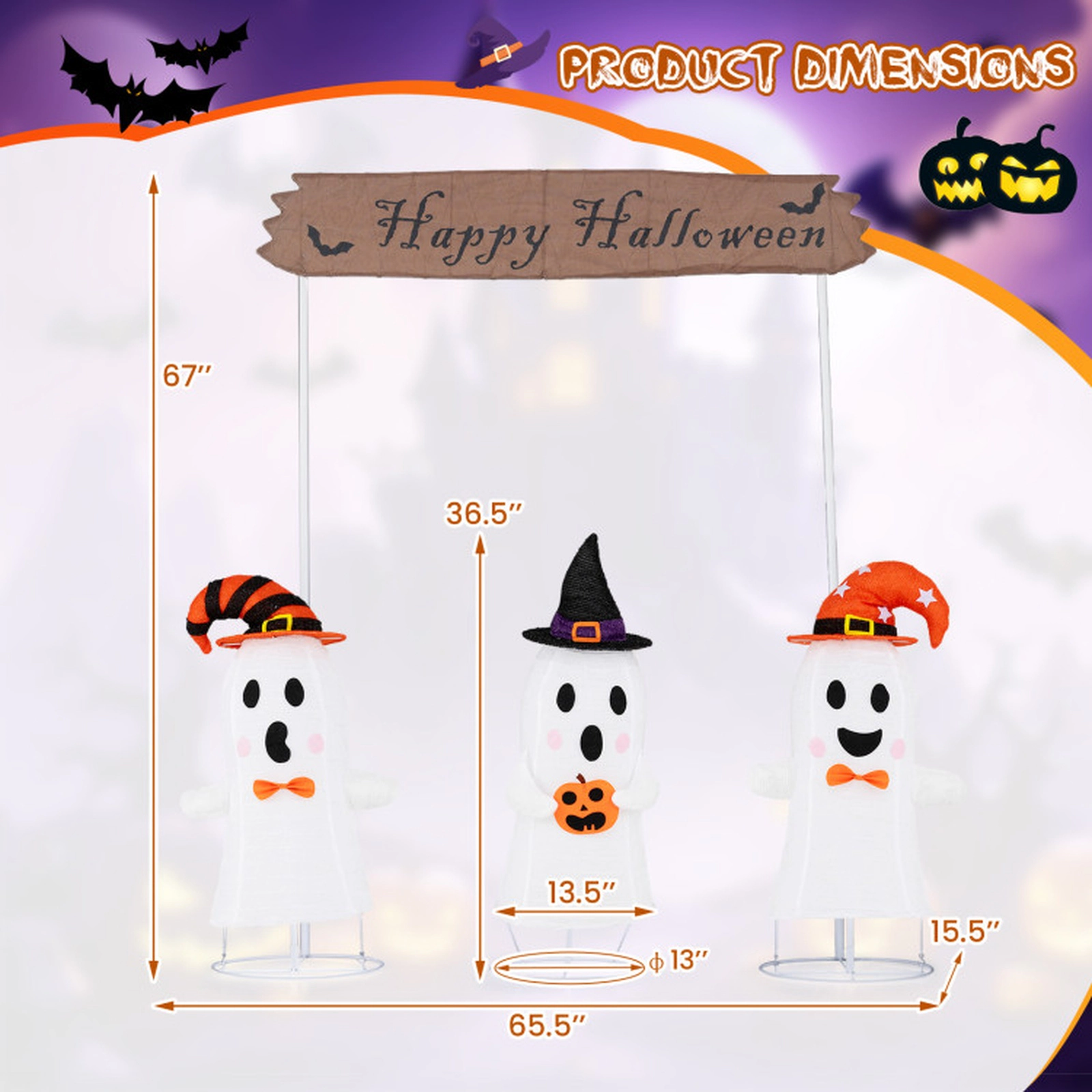 SUGIFT 4-Piece Halloween Pop Up Ghost Decoration Set with Gate Sign 170 LED Lights and 12 Ground Stakes