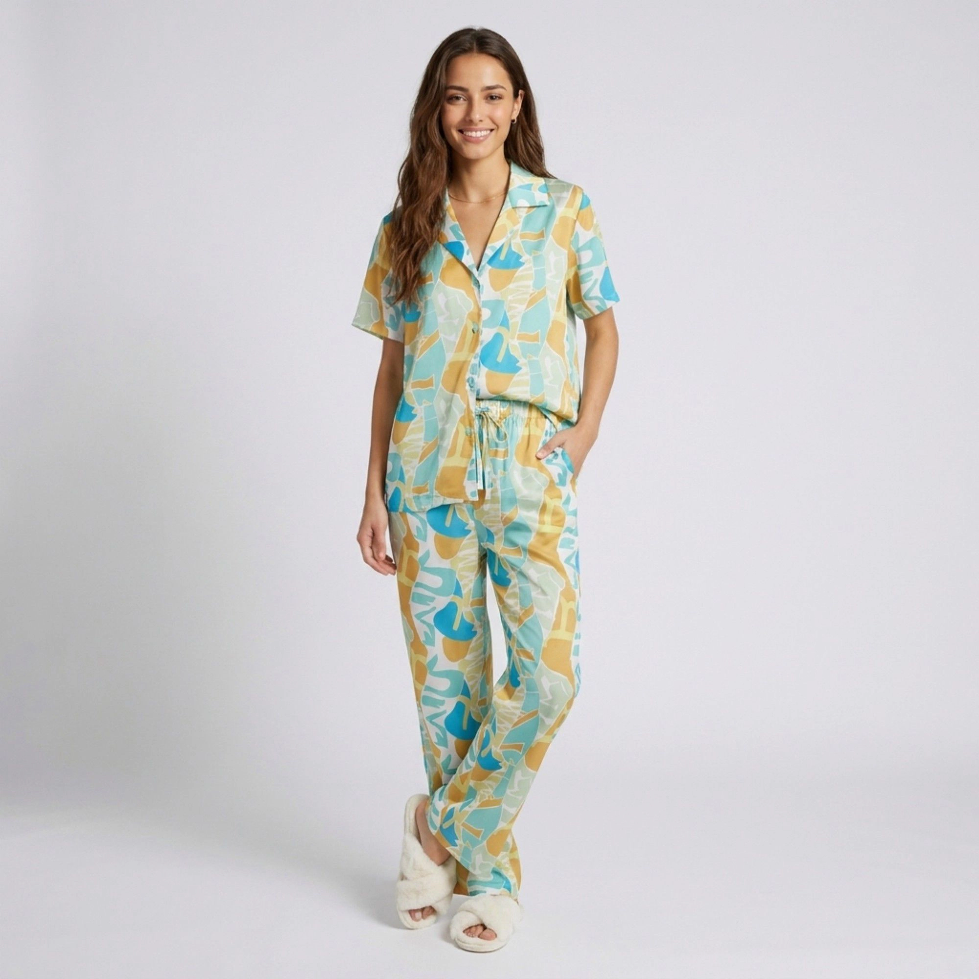 Anna-Kaci Women's 2-Piece Abstract Print Pajama Set with Short Sleeve Button Top and Wide Leg Pants