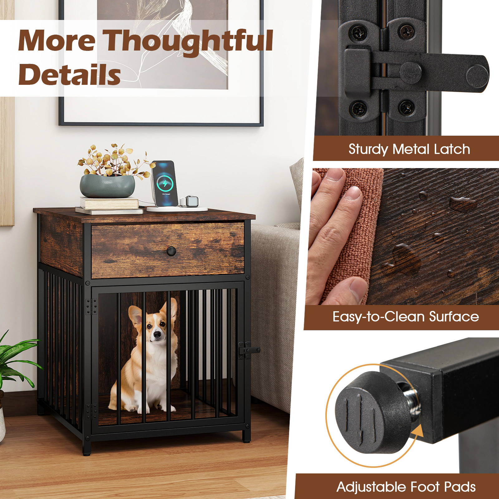 SUGIFT Dog Crate Furniture End Table with Drawer and Charging Station 25-lb Tabletop Capacity for Small Dogs Black+Brown