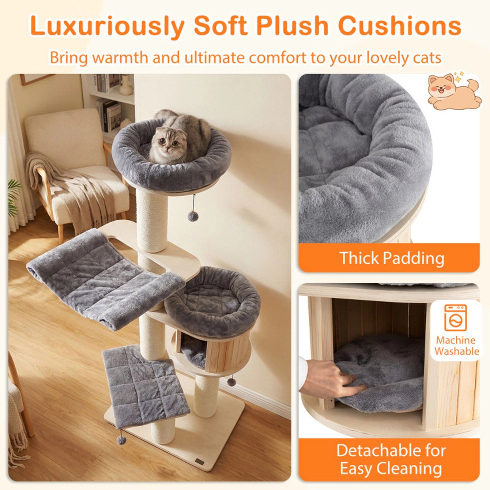 SUGIFT 68.5 4-Layer Wooden Cat Tree with Condo Ladder and Dangling Balls