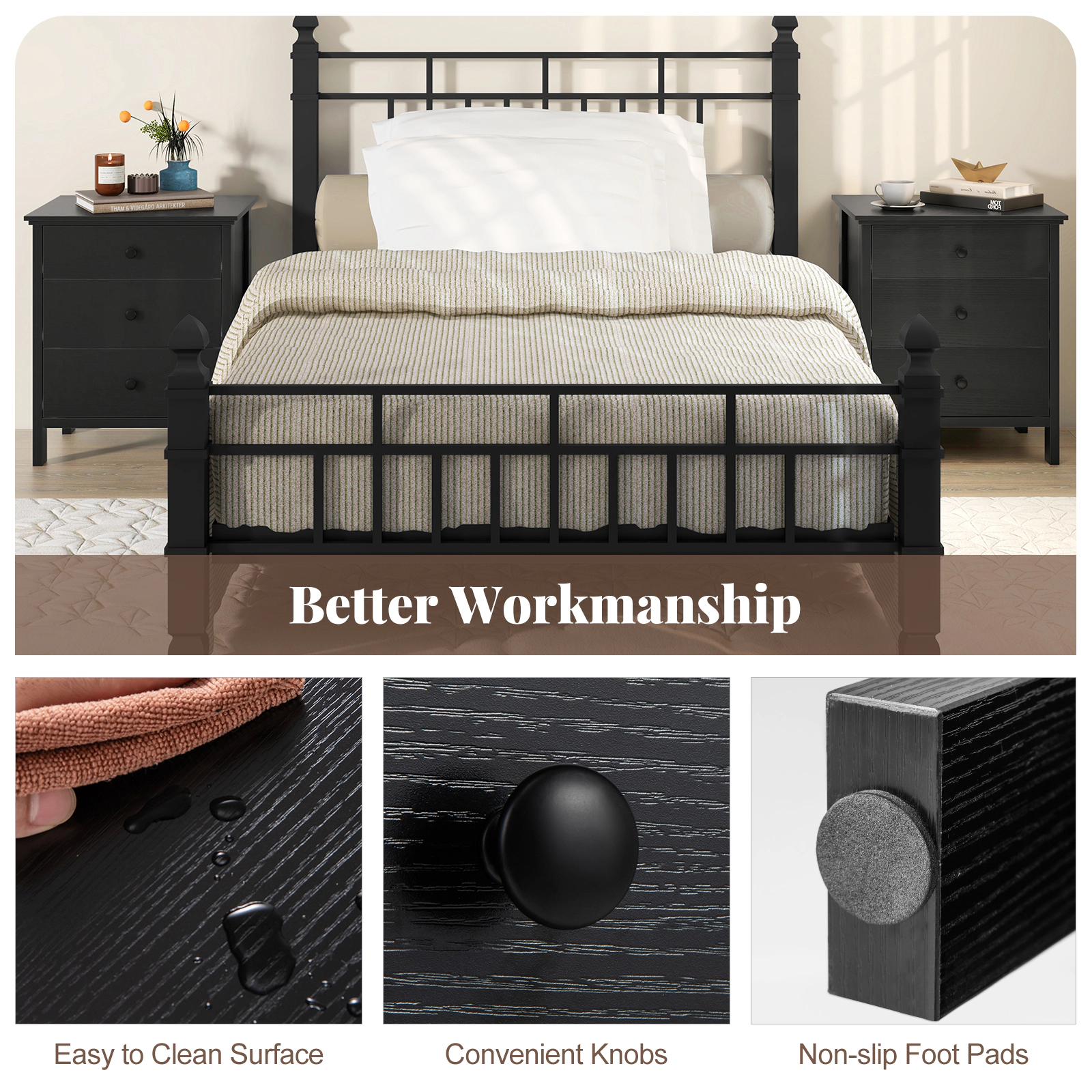Hivvago Wooden Nightstand with Three Storage Drawers