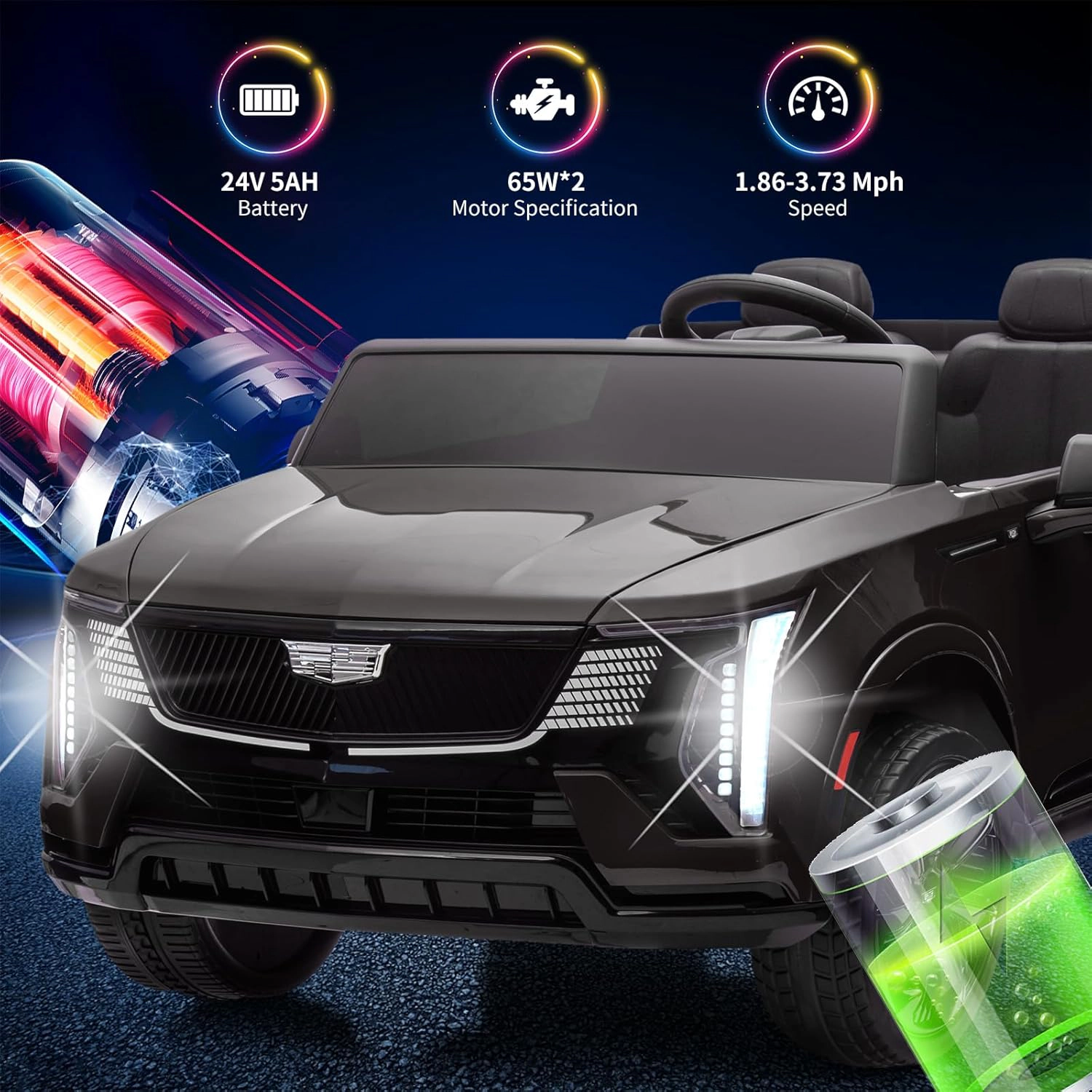 24V Licensed Cadillac 2-Seater Kids Ride On Car, Electric Truck w/ Remote, 130W Motors, LED Lights & Music