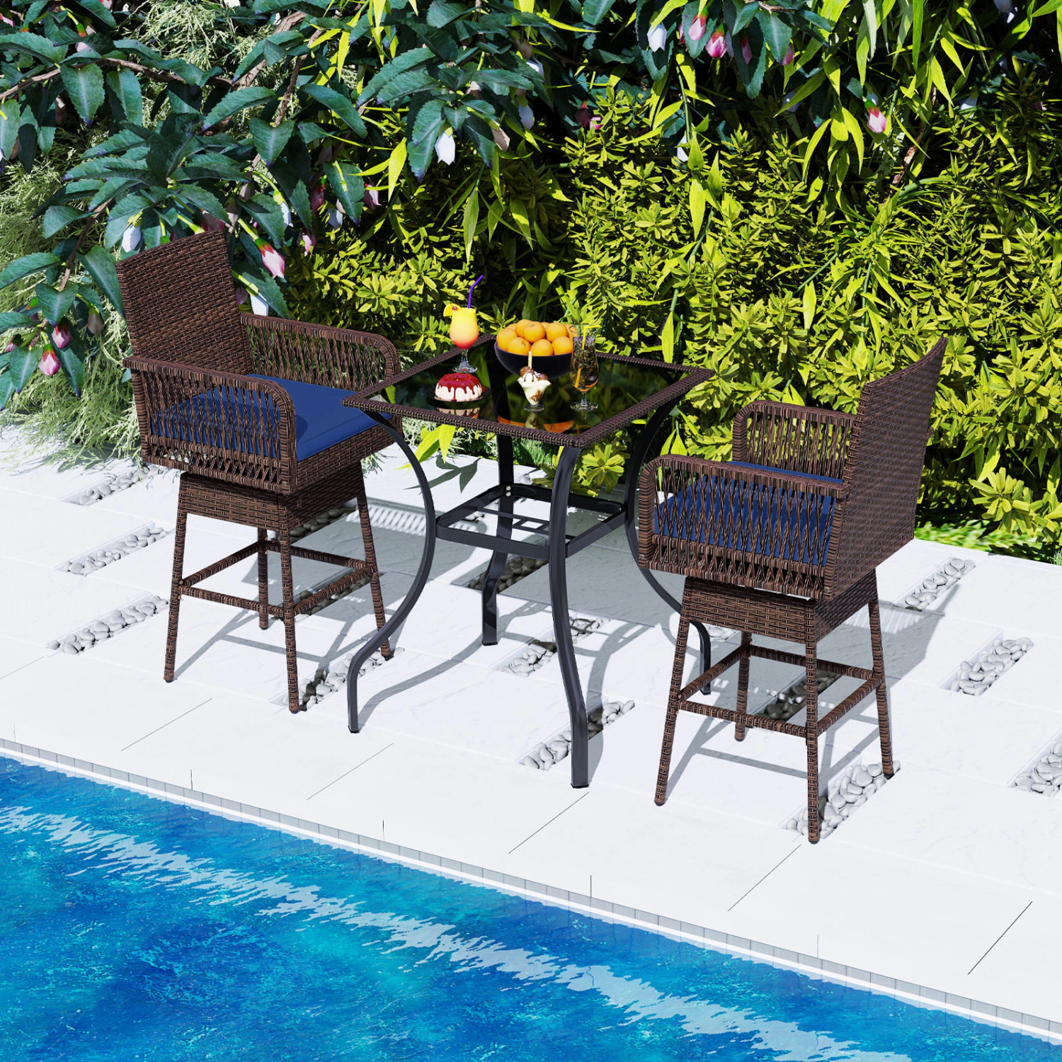 LJG 29" Bar Height Patio 360° Swivel Bar Stool with Cross-Woven Armrests Footrest and Seat Cushion