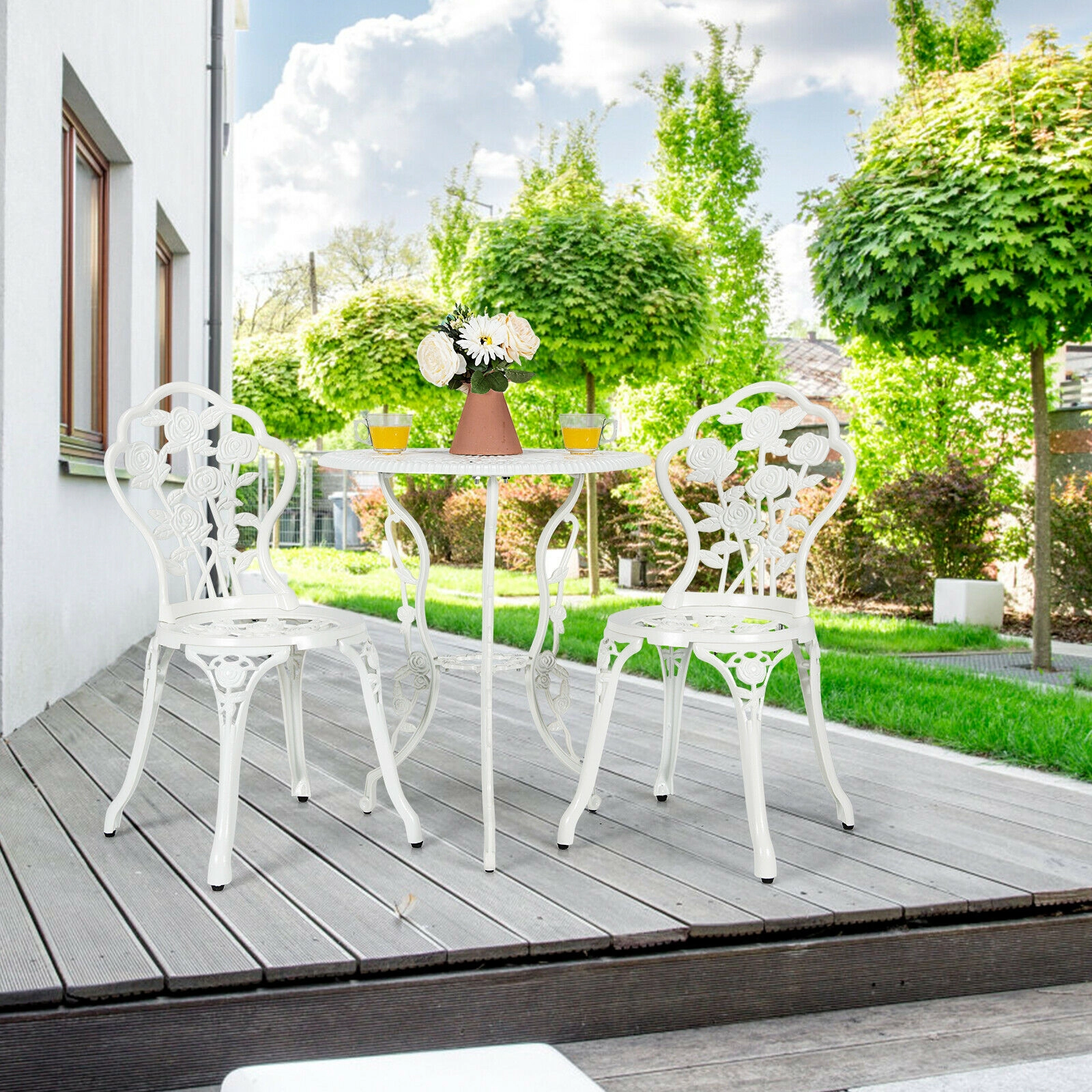 SUGIFT 3-Piece White Cast Aluminum Patio Bistro Set with Rose Design, Round Table and 2 Chairs