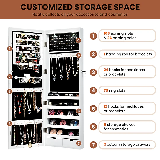 Glintex Lockable Wall-Mounted Jewelry Cabinet with Full Mirror and 8 LED Lights, White