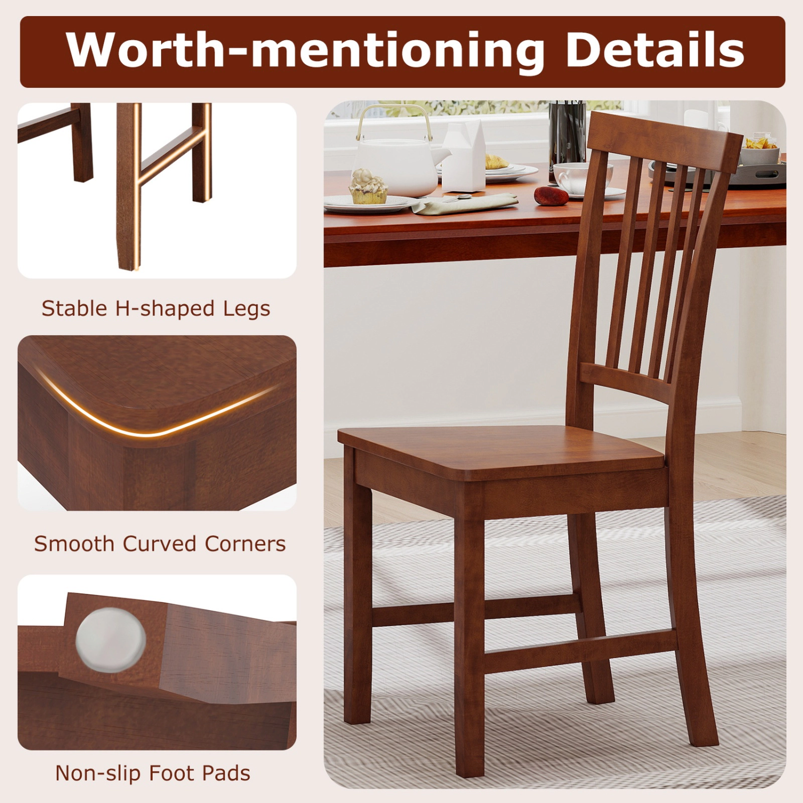 SUGIFT Set of 2 Walnut Armless Dining Chairs with Rubber Wood Legs
