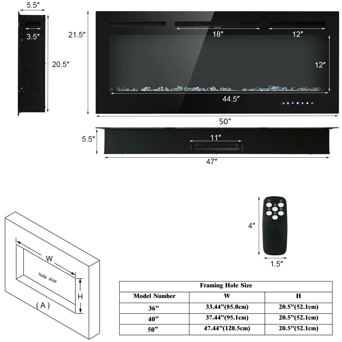 LJG 50 Inch Recessed Electric Insert Wall Mounted Fireplace with Adjustable Brightness