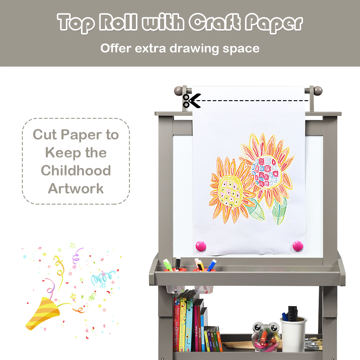 SUGIFT 3-in-1 Double-Sided Storage Art Easel with Paper Roll 46-in Tall Kids MDF Triangle Frame with Shelves & Bins Gray