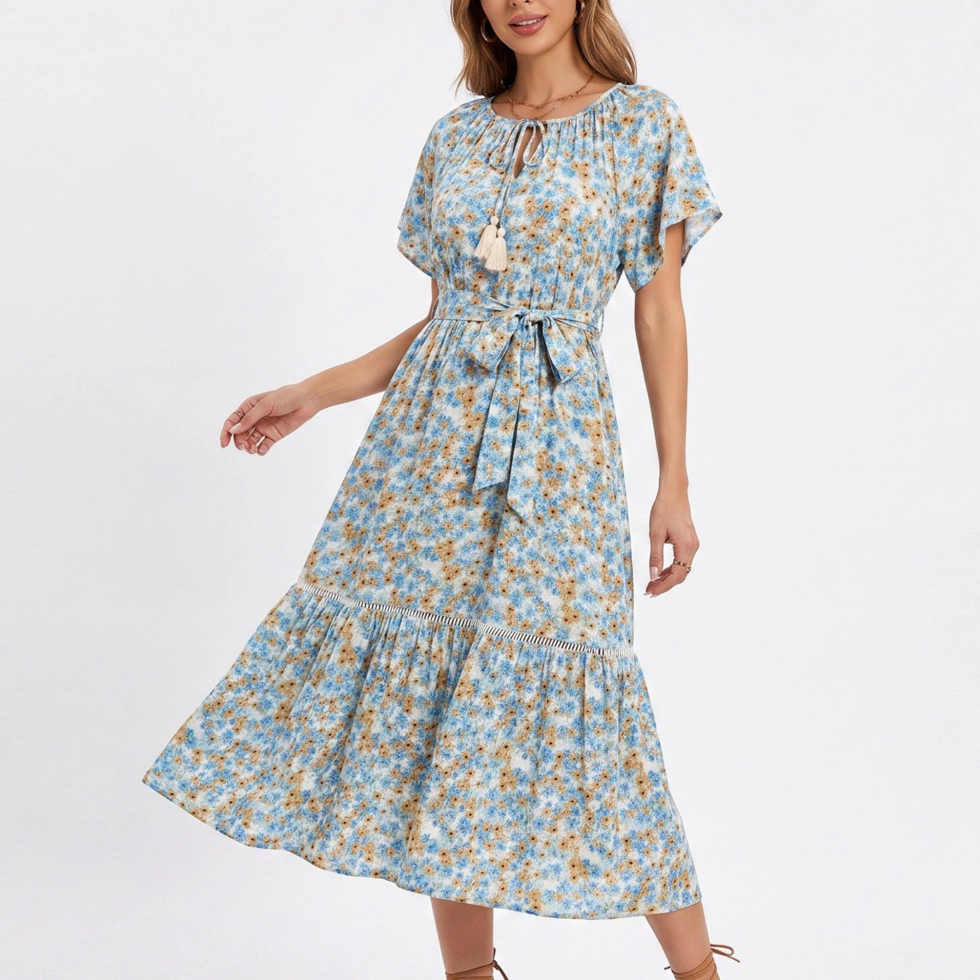 Anna-Kaci Women's Floral Print Tie Neck Short Flutter Sleeves Belted Waist Tiered Hem Midi Dress