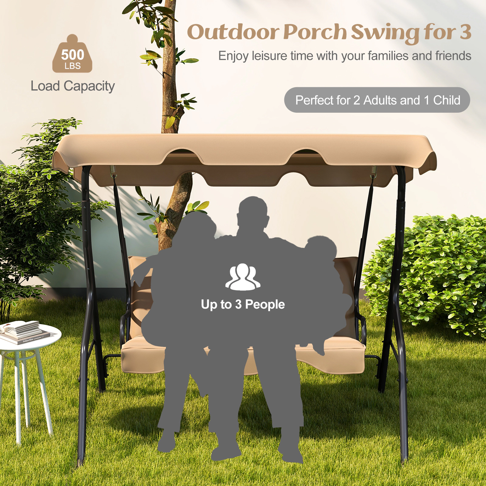 SUGIFT Beige 3-Seat Outdoor Porch Swing with Canopy, Cushions, 51-Inch Bench, 440-Lb Capacity