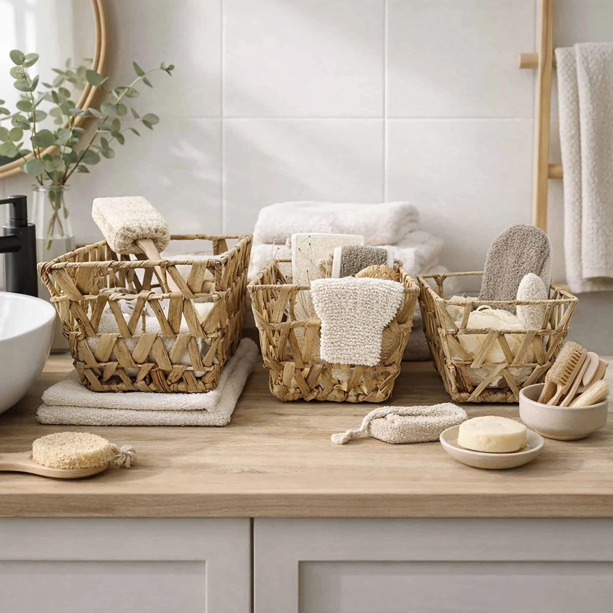 Evideco French Home Goods Set of 3 Nesting Water Hyacinth Storage Baskets, Natural