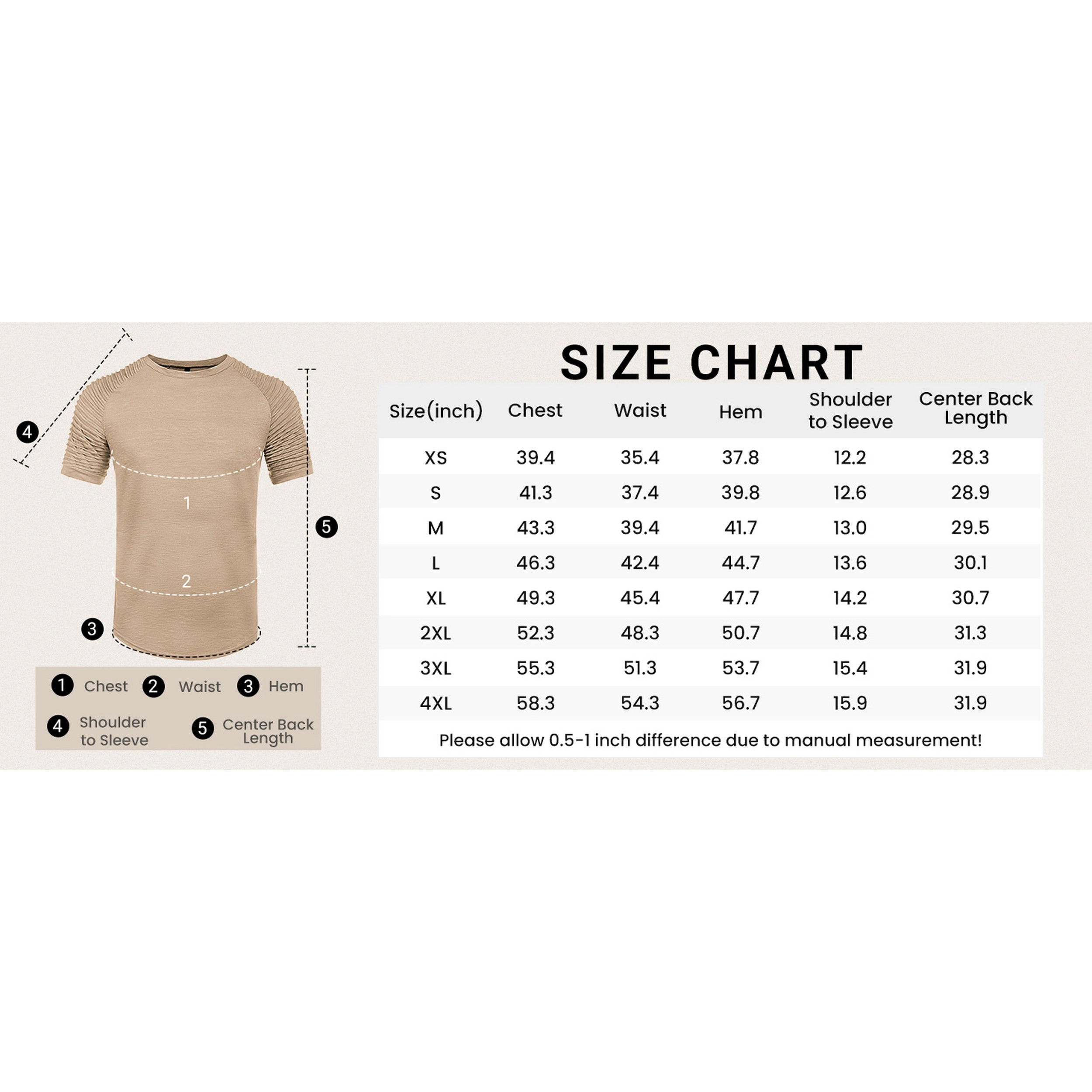COOFANDY Mens Short Sleeve Crew Neck Tee Ribbed Pleated Sleeves Curved Hem Slim Tops