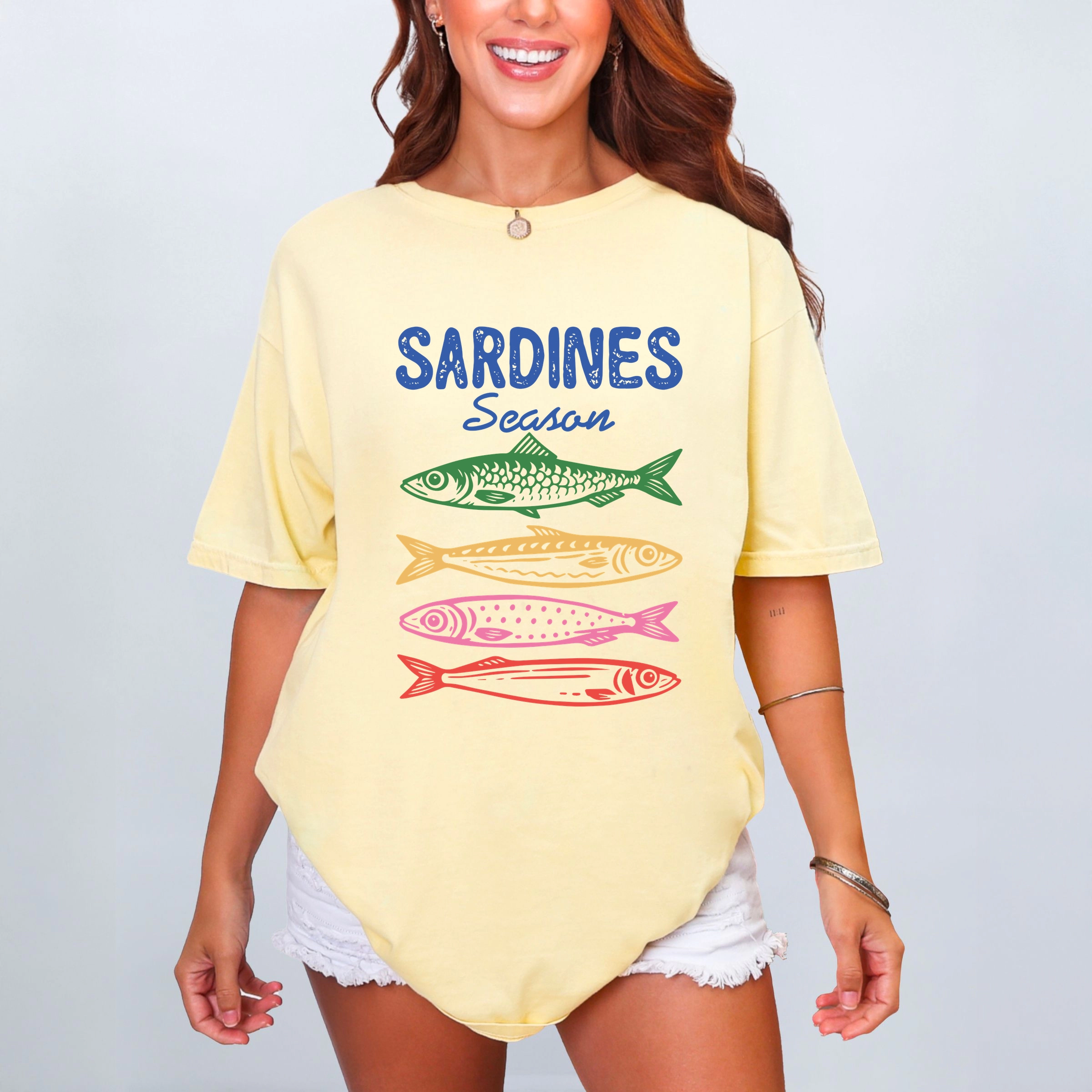 Simply Sage Market - Sardines Season Colorful Women's Garment Dyed Graphic T-Shirt