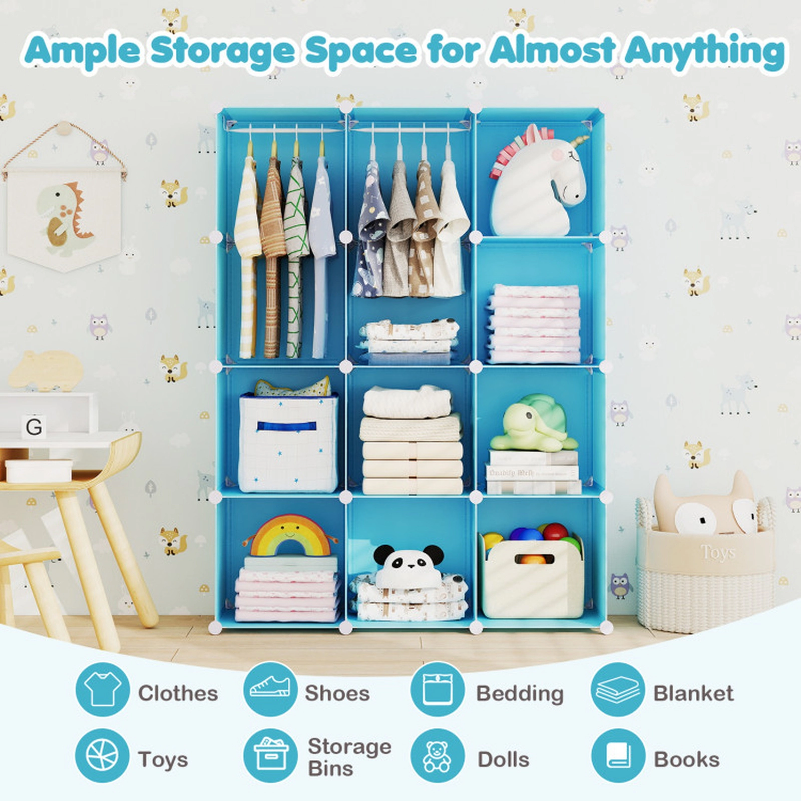 SUGIFT 10-Cube 57-in Modular Baby Wardrobe Closet and Kids Storage Organizer with Hanging Rod and Shelves