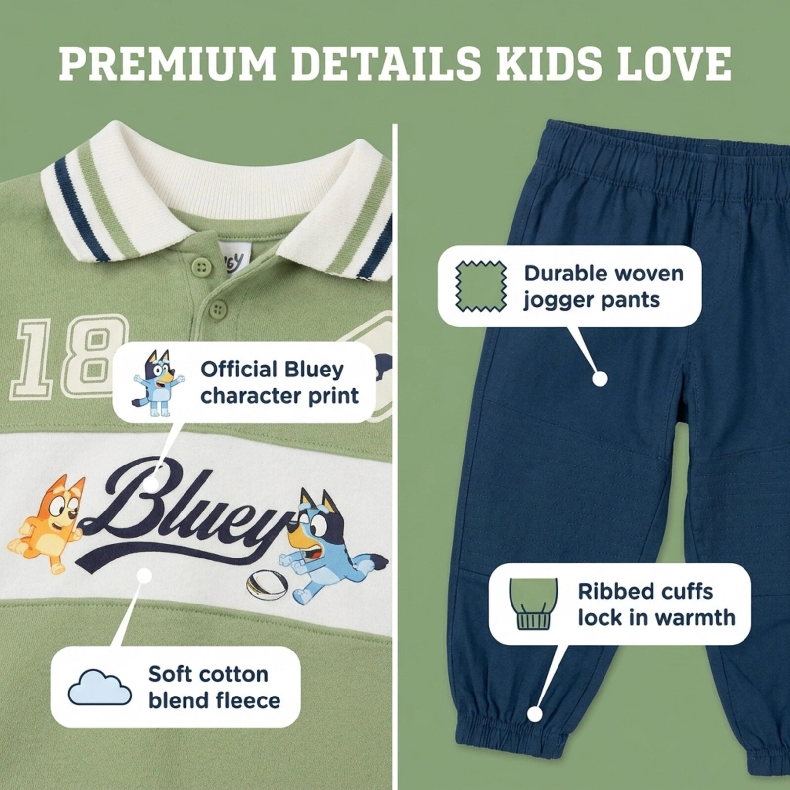 Bluey Boys' 2-Piece Fleece Polo and Joggers Set