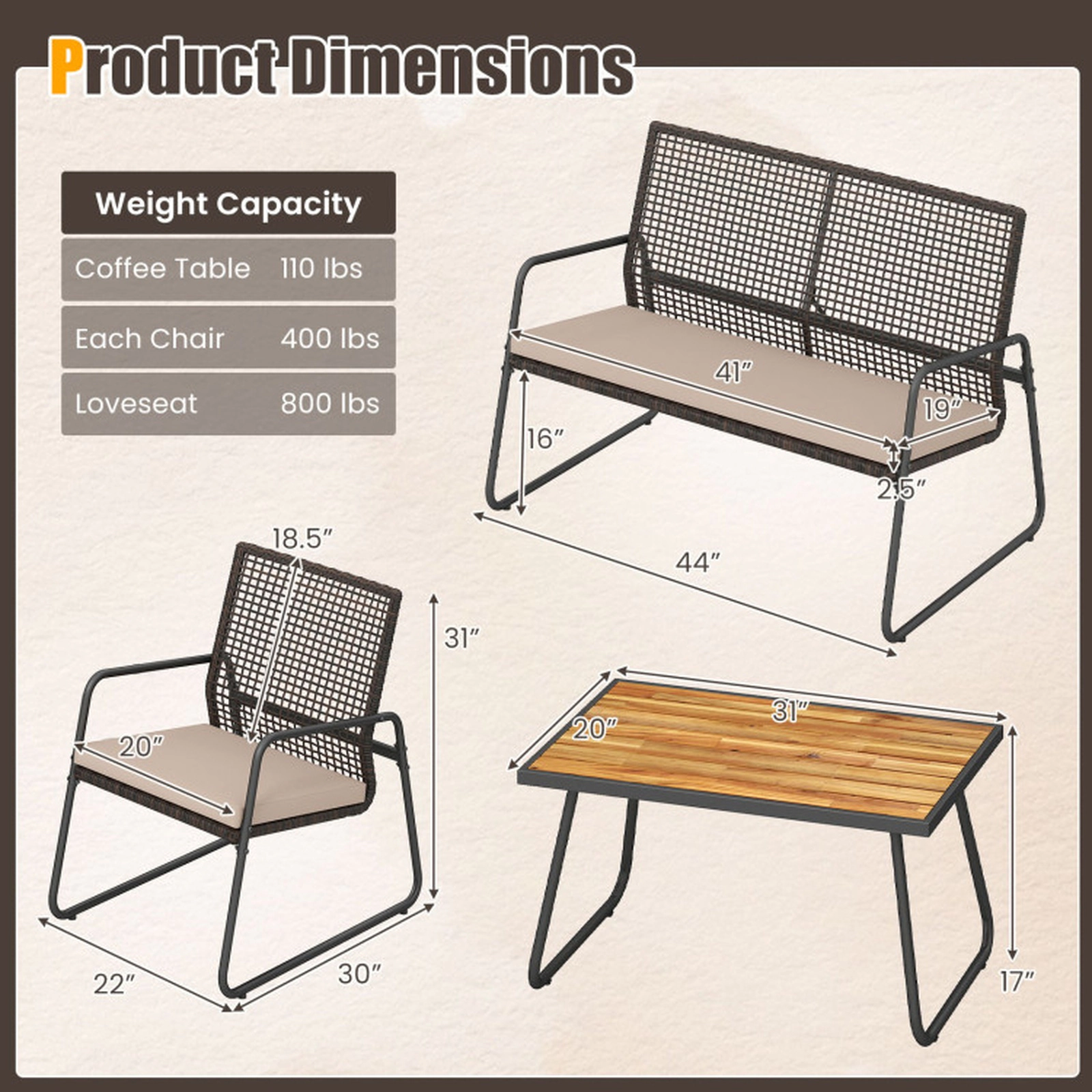 SUGIFT Brown Acacia Wood Coffee Table and Zippered Cushions 4-Piece Patio Rattan Sofa Set