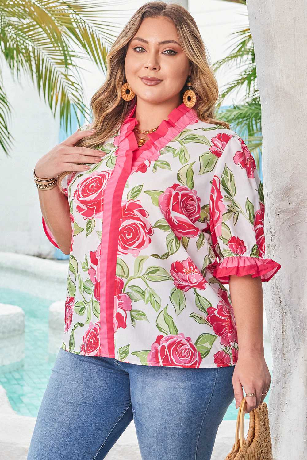 Threaded Pear Women's Elise Plus Floral Frilled Stripes Blouse
