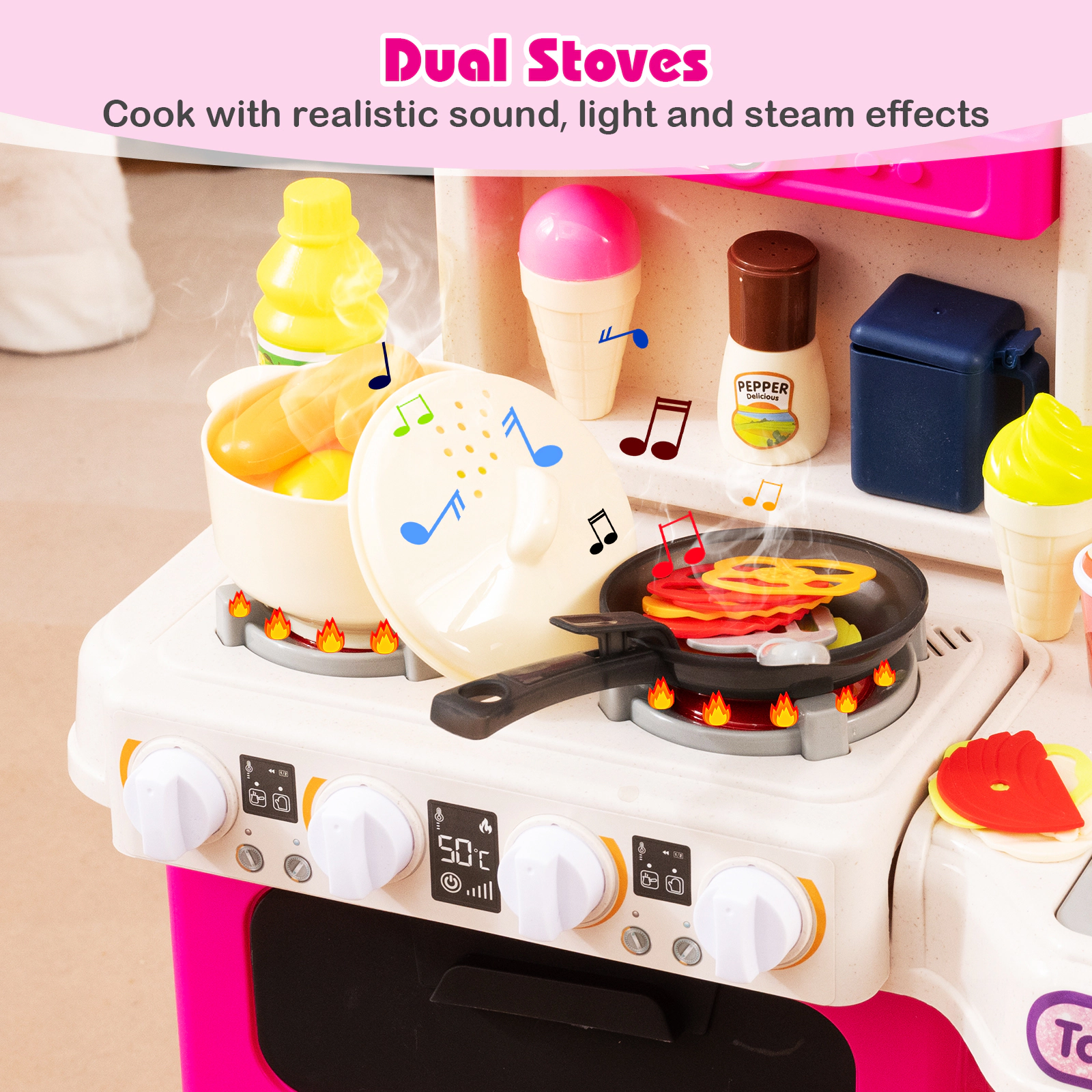 Kids Play Kitchen with 95-pc Accessories Steam Effect Water Circulation Lights and Sounds 17.5-in x 9.5-in x 36-in Pink