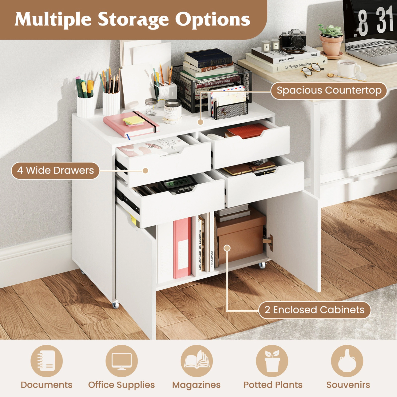 SUGIFT White 29-in 4-Drawer Rolling File Cabinet with 2 Door Cabinets 100-lb Tabletop and 5 Wheels