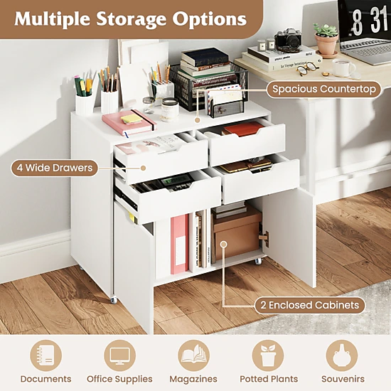 SUGIFT White 29-in 4-Drawer Rolling File Cabinet with 2 Door Cabinets 100-lb Tabletop and 5 Wheels