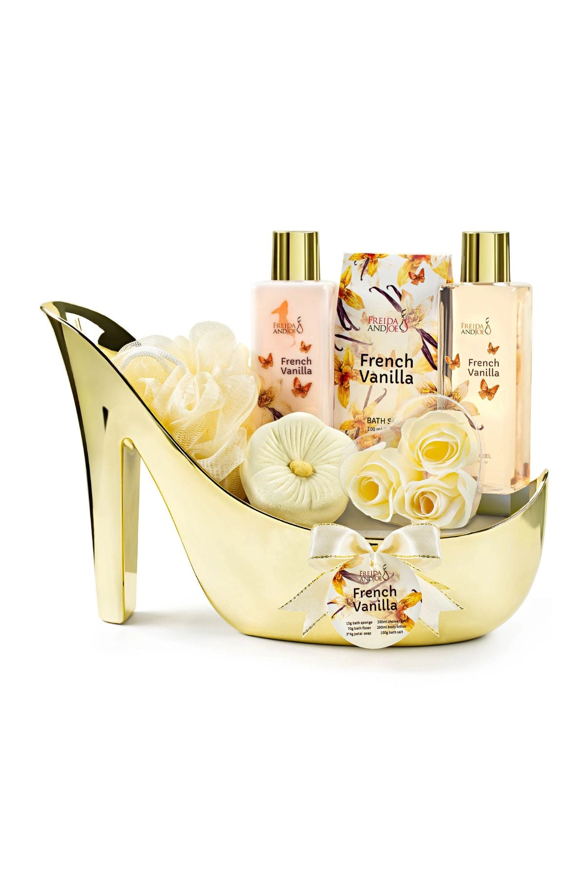 Freida and Joe  Women Elegant French Vanilla Spa Set Gold High Heel Shoe Gift