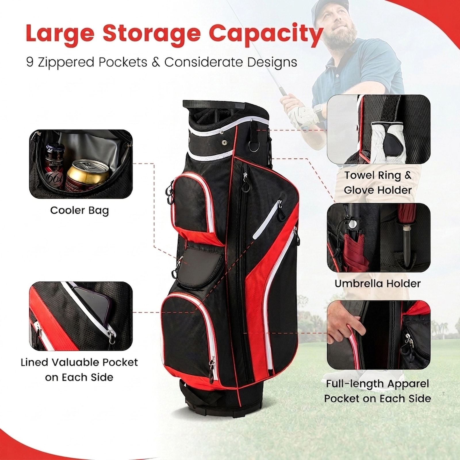 Golf Cart Bag 14-Way Top Dividers 9 Zippered Pockets Zip-Open Rain Hood Lift Assist Handles Red Polyester